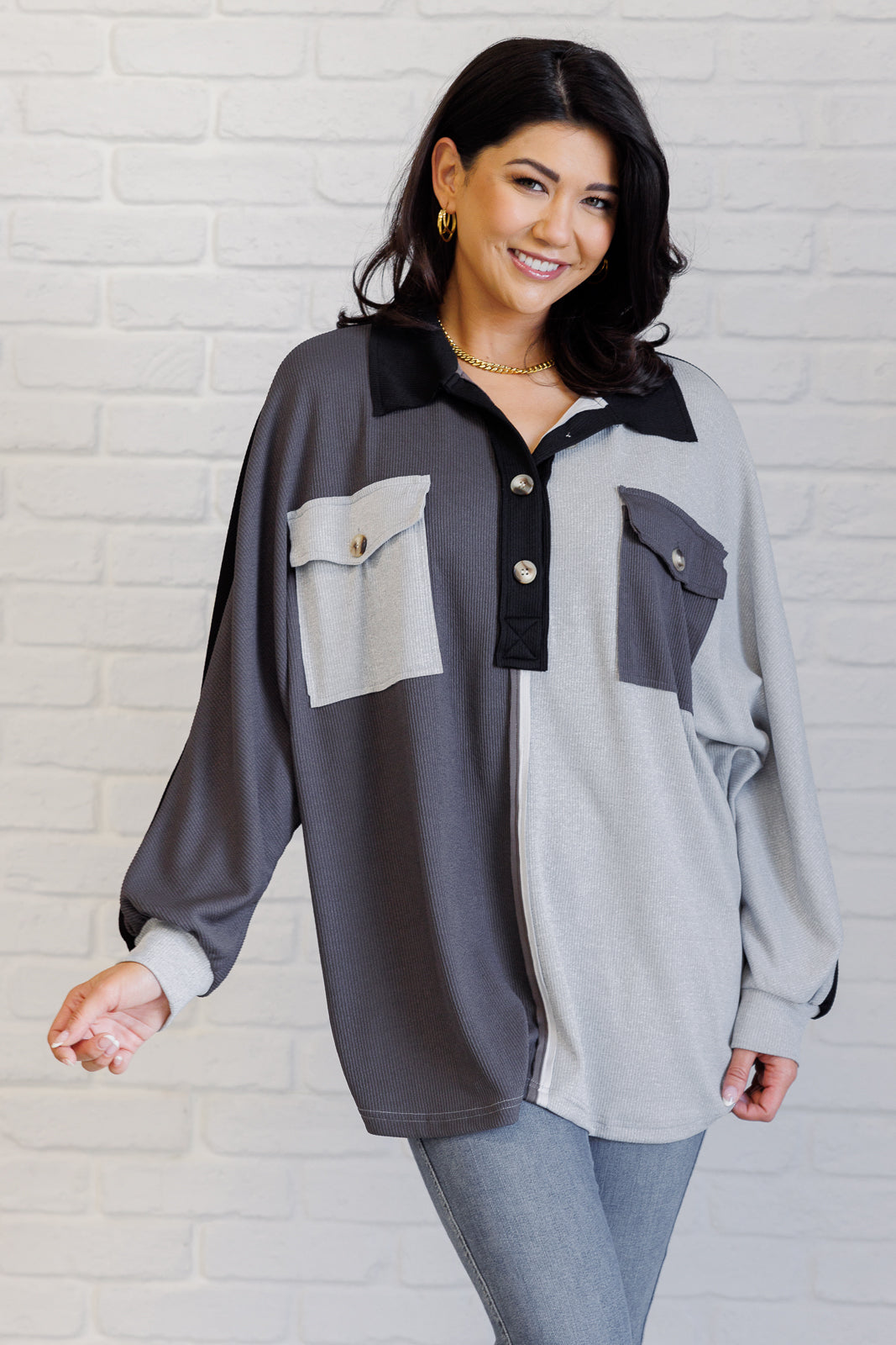 Chip Off the Old Colorblock V-Neck Henley in Grey - Charming Charlie