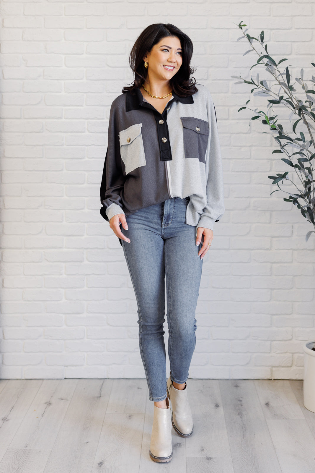 Chip Off the Old Colorblock V-Neck Henley in Grey - Charming Charlie