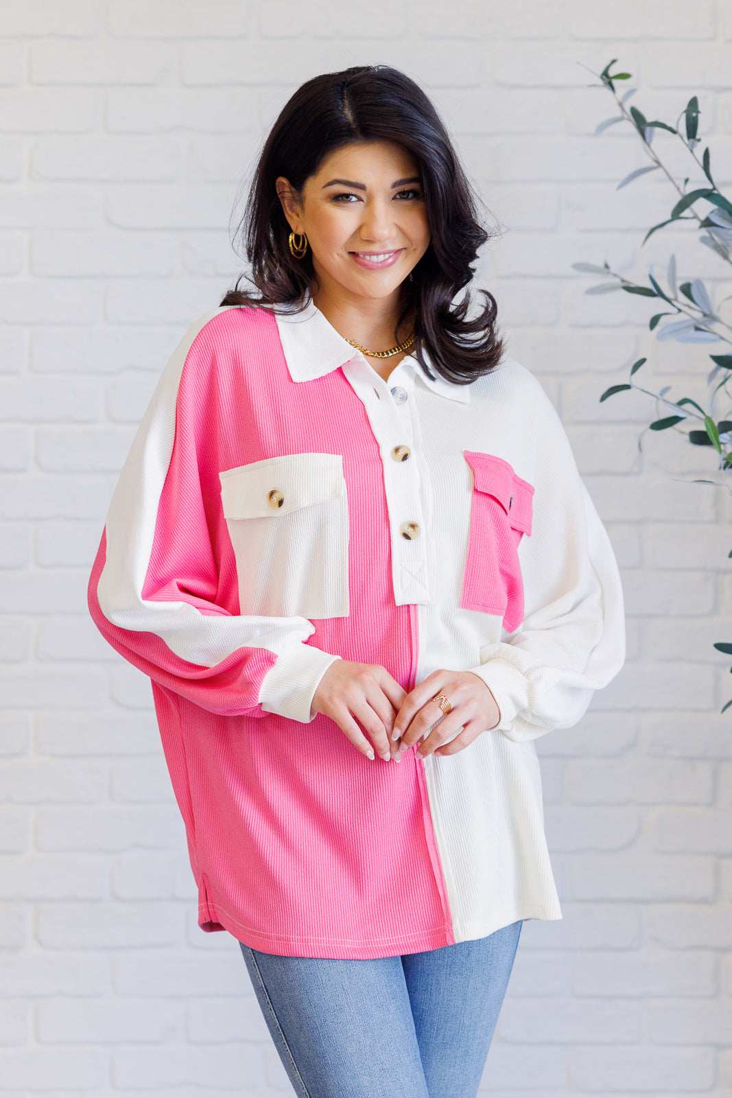 Chip Off the Old Colorblock V-Neck Henley in Pink - Charming Charlie