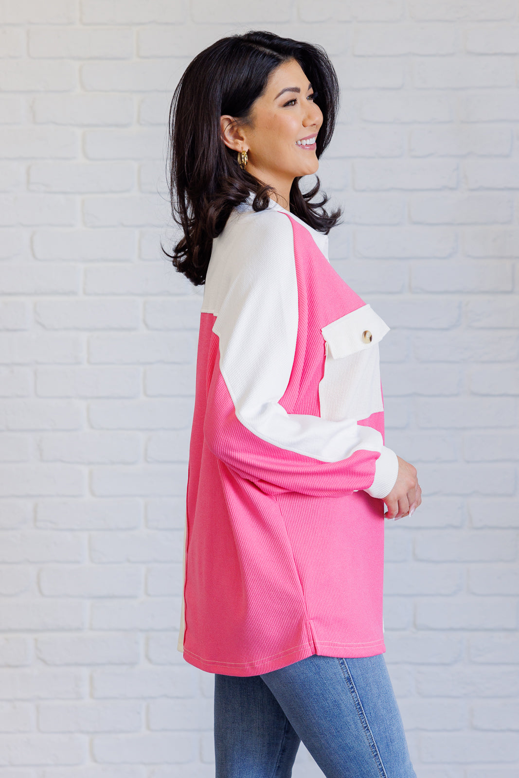 Chip Off the Old Colorblock V-Neck Henley in Pink - Charming Charlie