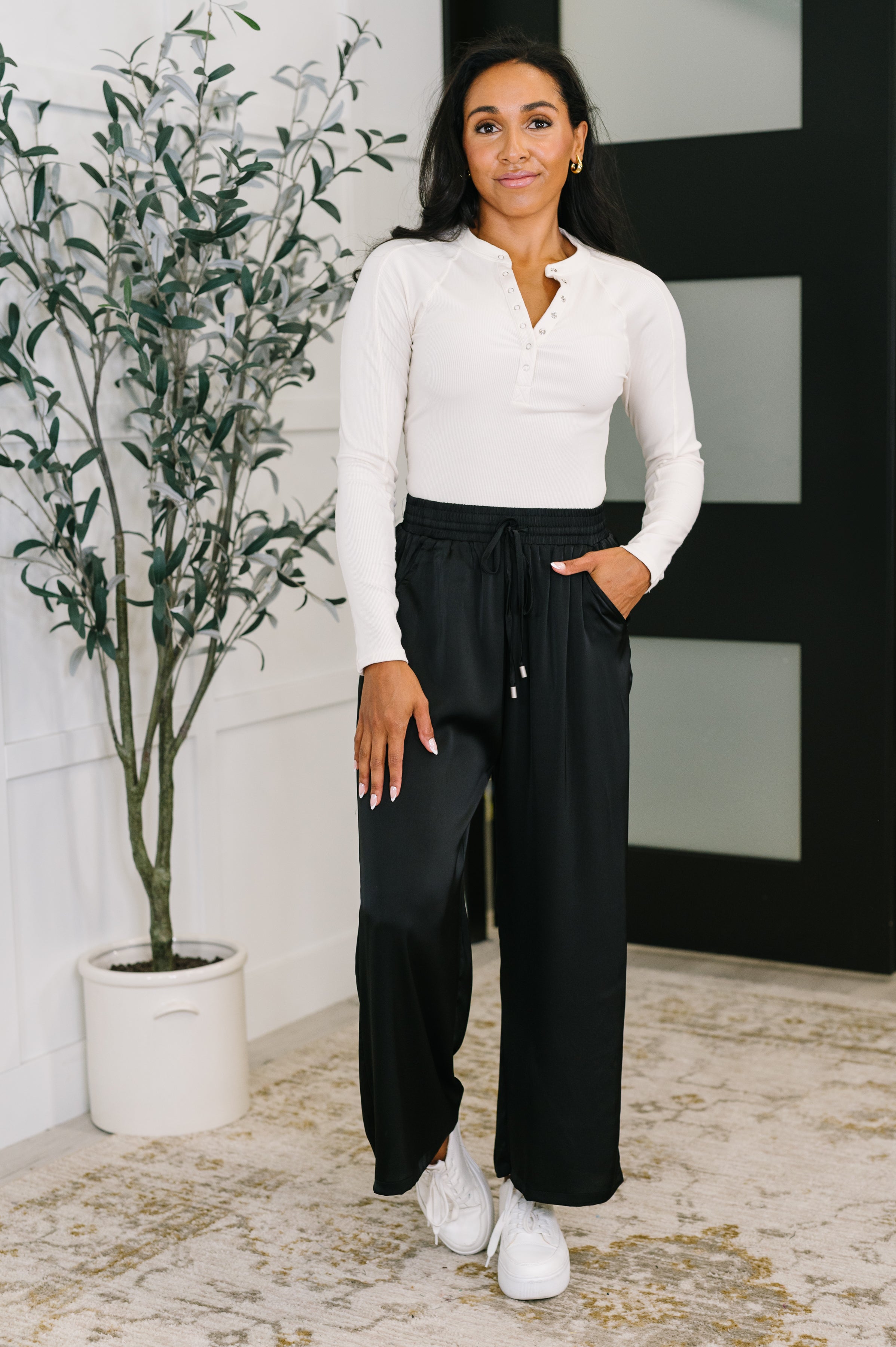 City Ease Wide Leg Bottoms in Black - Charming Charlie
