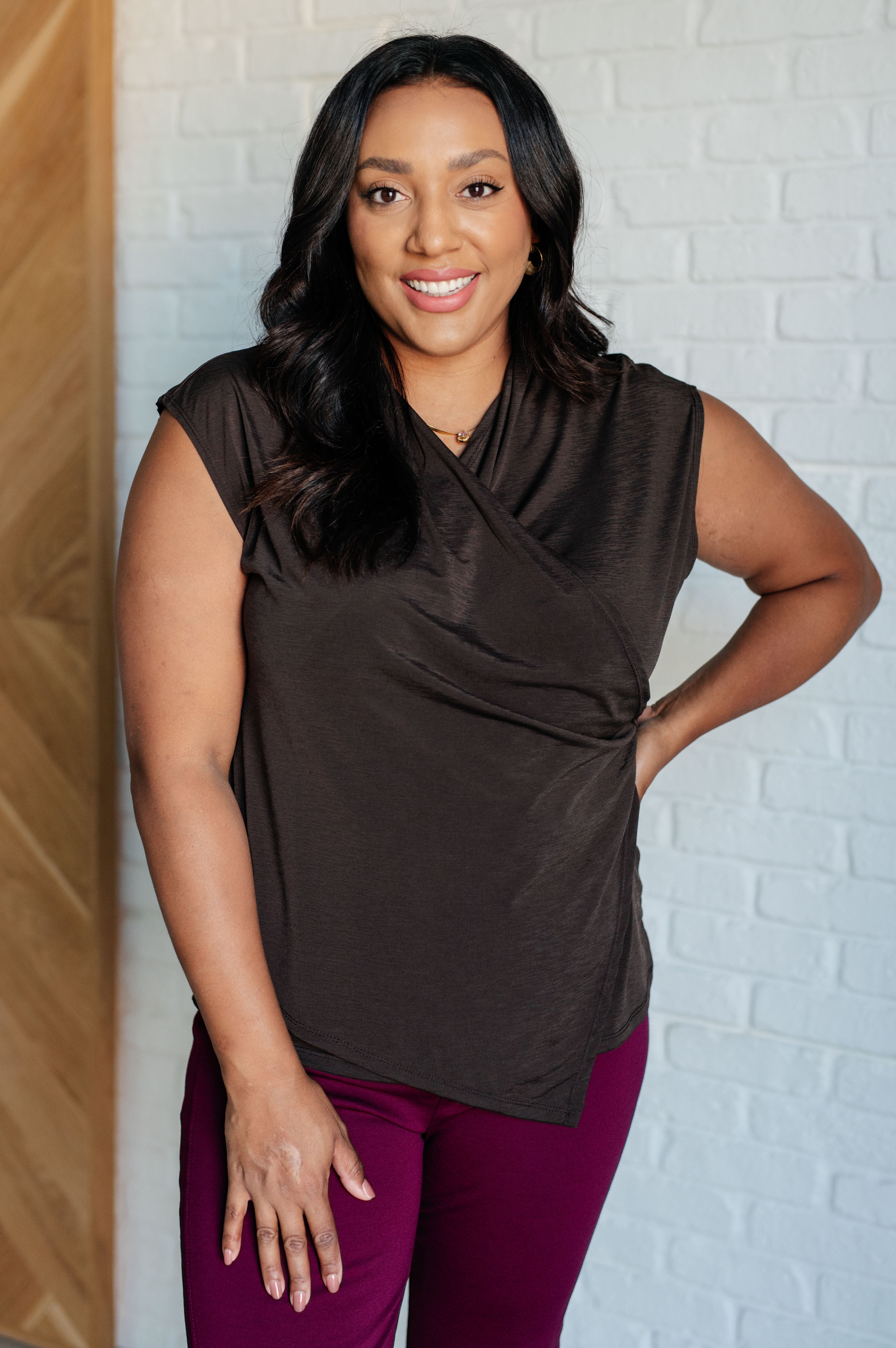 Classic Surplice Front Top in Chocolate - Charming Charlie