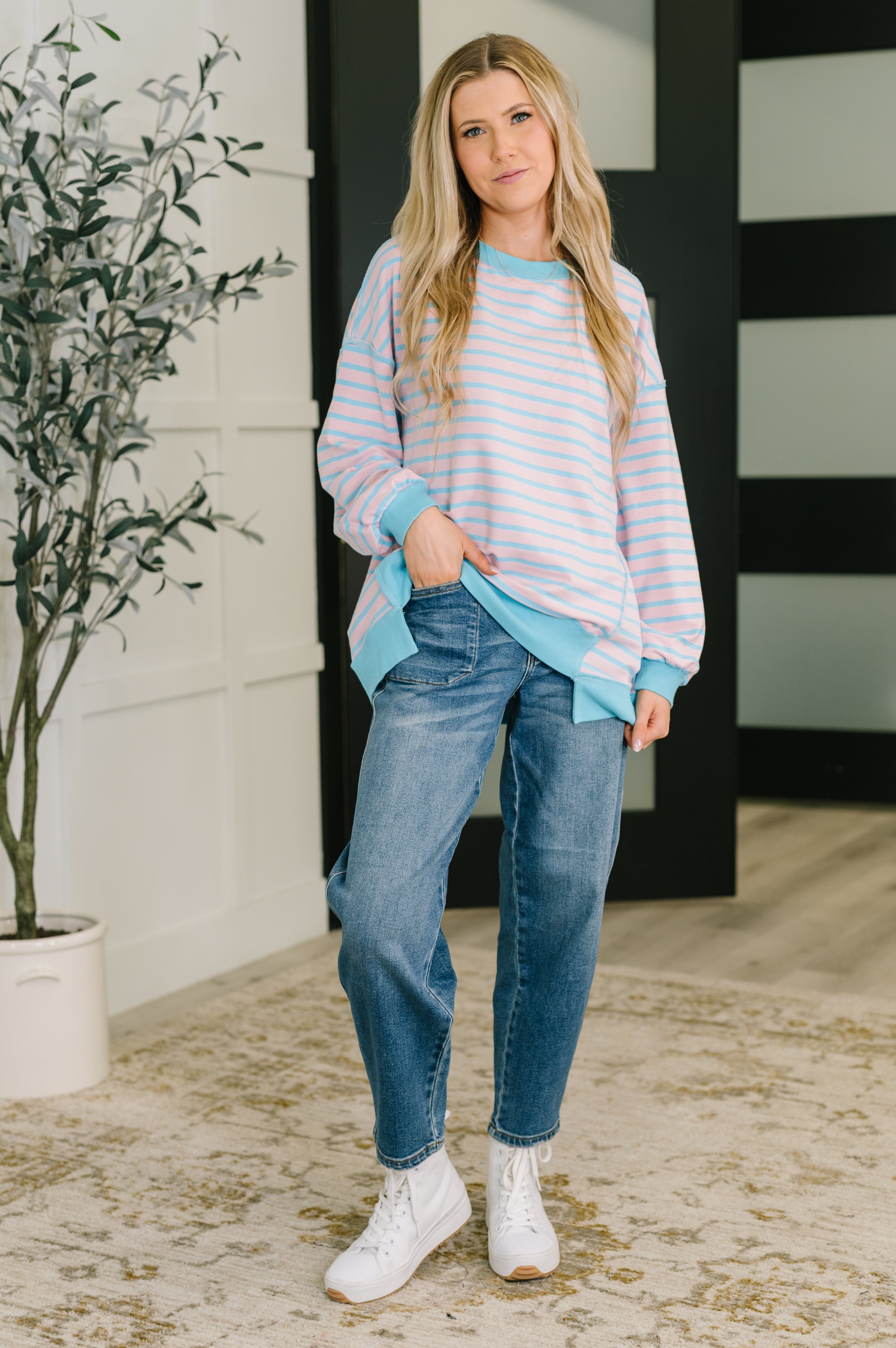 Color Clash Drop Shoulder Long Sleeve - Charming Charlie