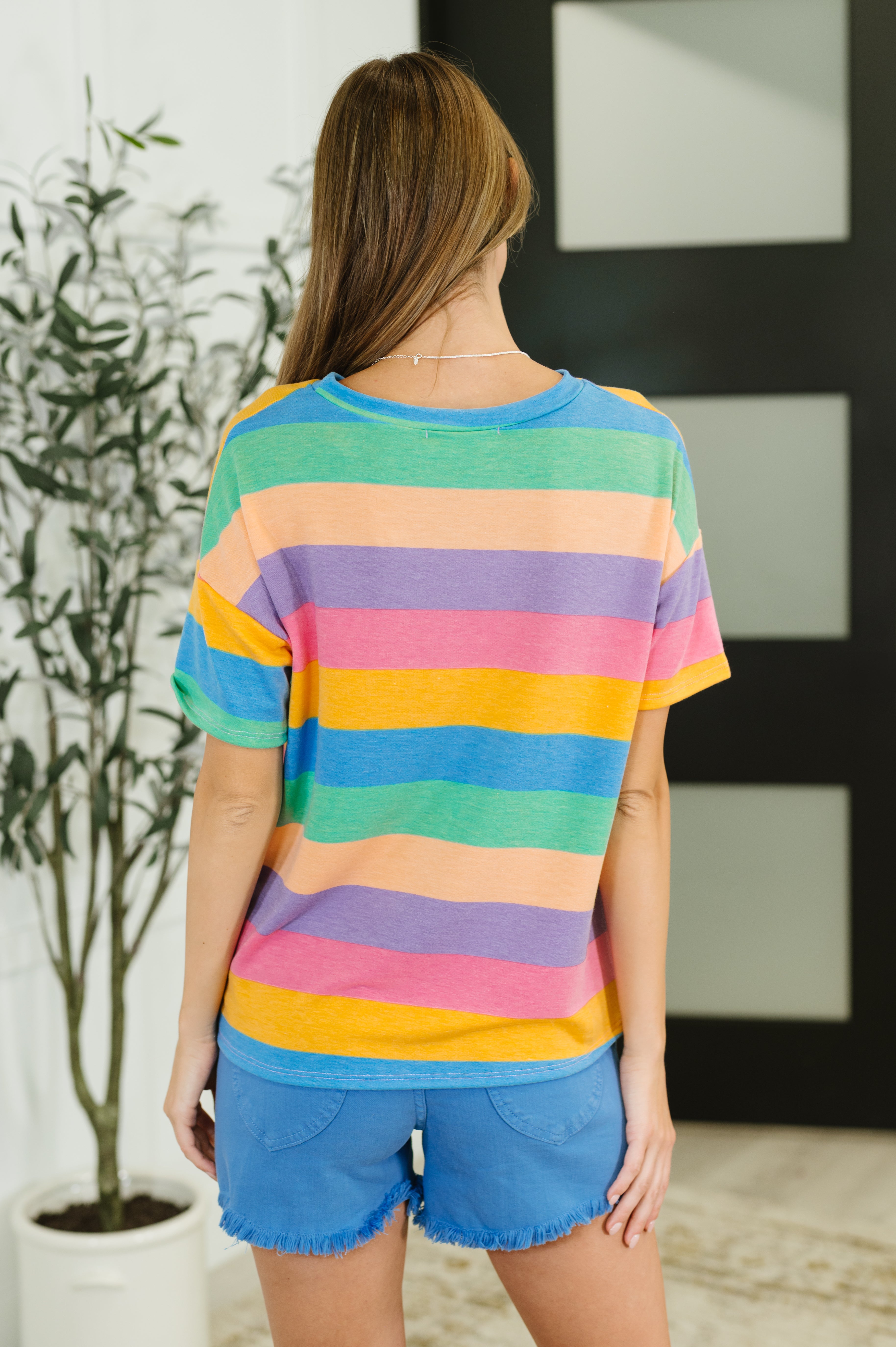 Color Theory Drop Shoulder Top in Blue, Yellow and Pink - Charming Charlie