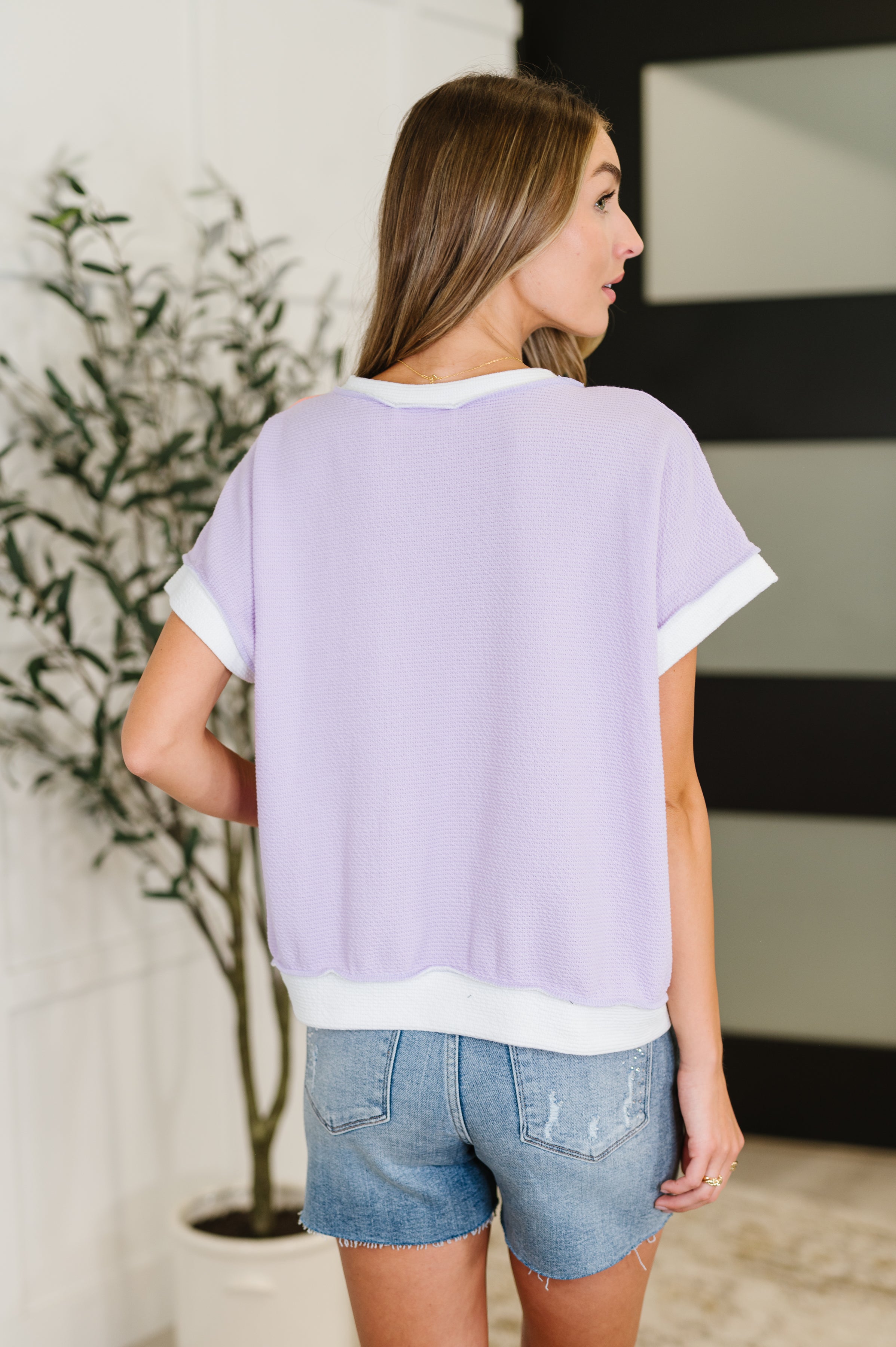 Contrast Club Color Block Top in Lilac, Orange and Denim - Charming Charlie