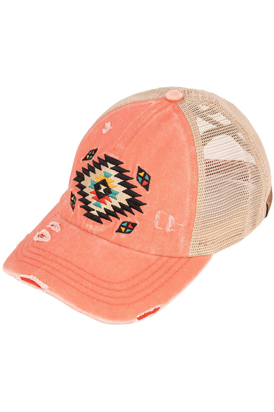 Coral C.C AZTEC PATCH DISTRESSED PONY CAP is a stylish and versatile accessory that combines functionality with fashion. Made of high-quality materials, it features an eye-catching aztec patch design and a distressed finish for a trendy look. Stay protected from the sun and add a touch of personality to your outfit with this must-have cap.