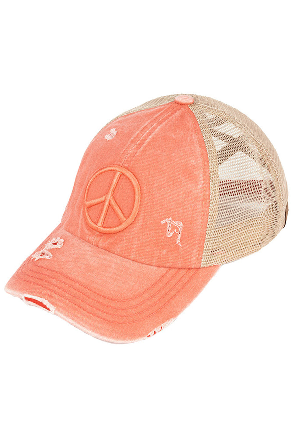 Coral C.C PEACE SIGN DISTRESSED PONY CAP - the perfect addition to your wardrobe for a trendy look. Made from high-quality materials, this cap features a peace sign design and distressed details that add character and edge to any outfit. Stay stylish and spread good vibes with this cap.