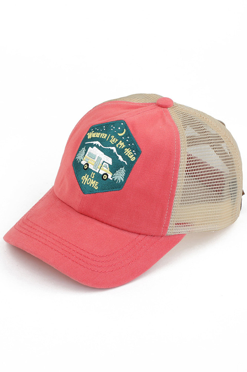 Coral C.C WHEREVER I LAY MY HEAD IS HOME PATCH PONY CAP is the perfect accessory for any outdoor adventure. Made with high-quality materials, this cap features a unique "home patch" design, providing comfort and sun protection. This stylish and practical pony cap shows off your love for the great outdoors.