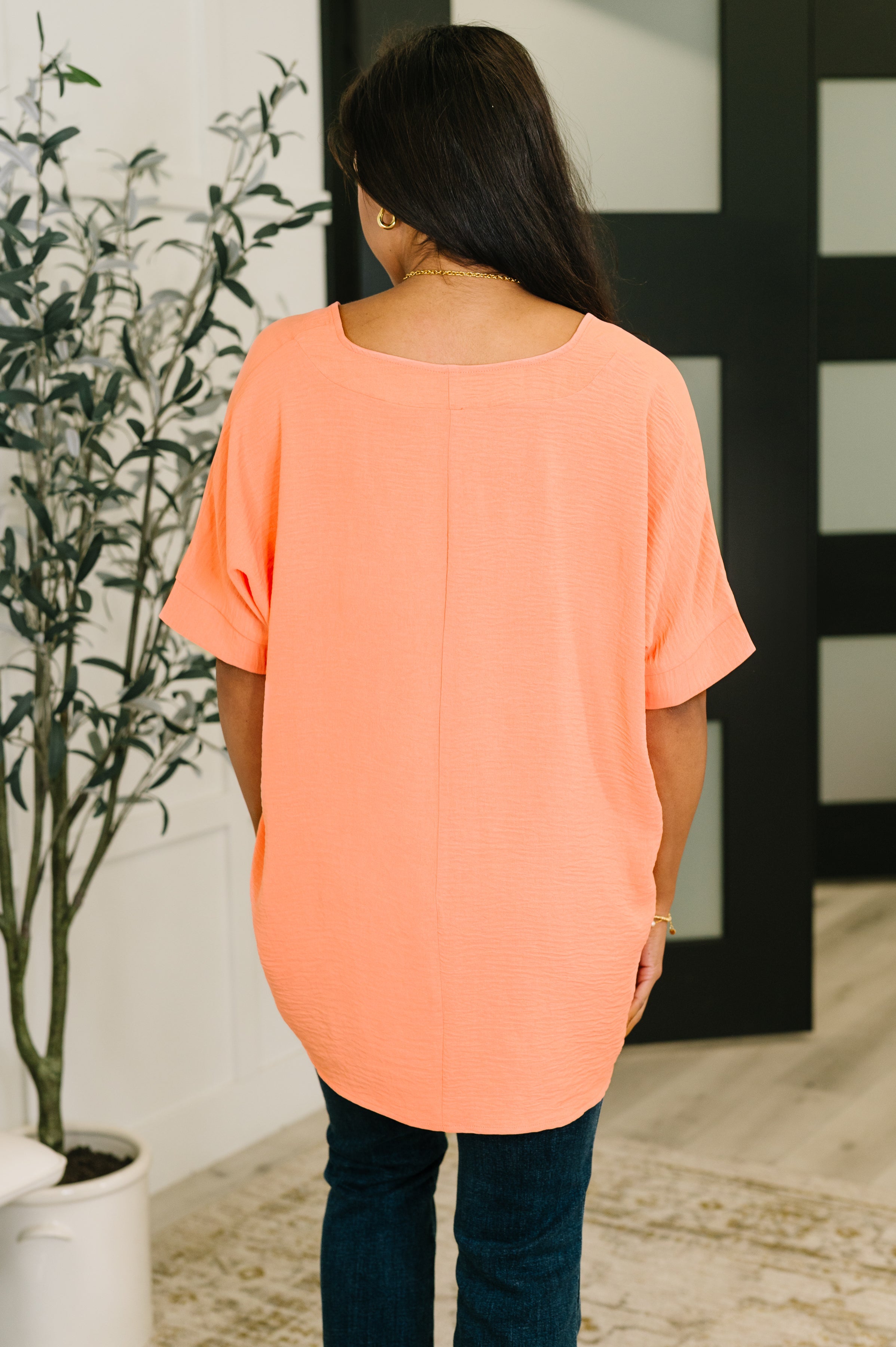Counter Part Crinkle Woven V-Neck Top in Coral - Charming Charlie