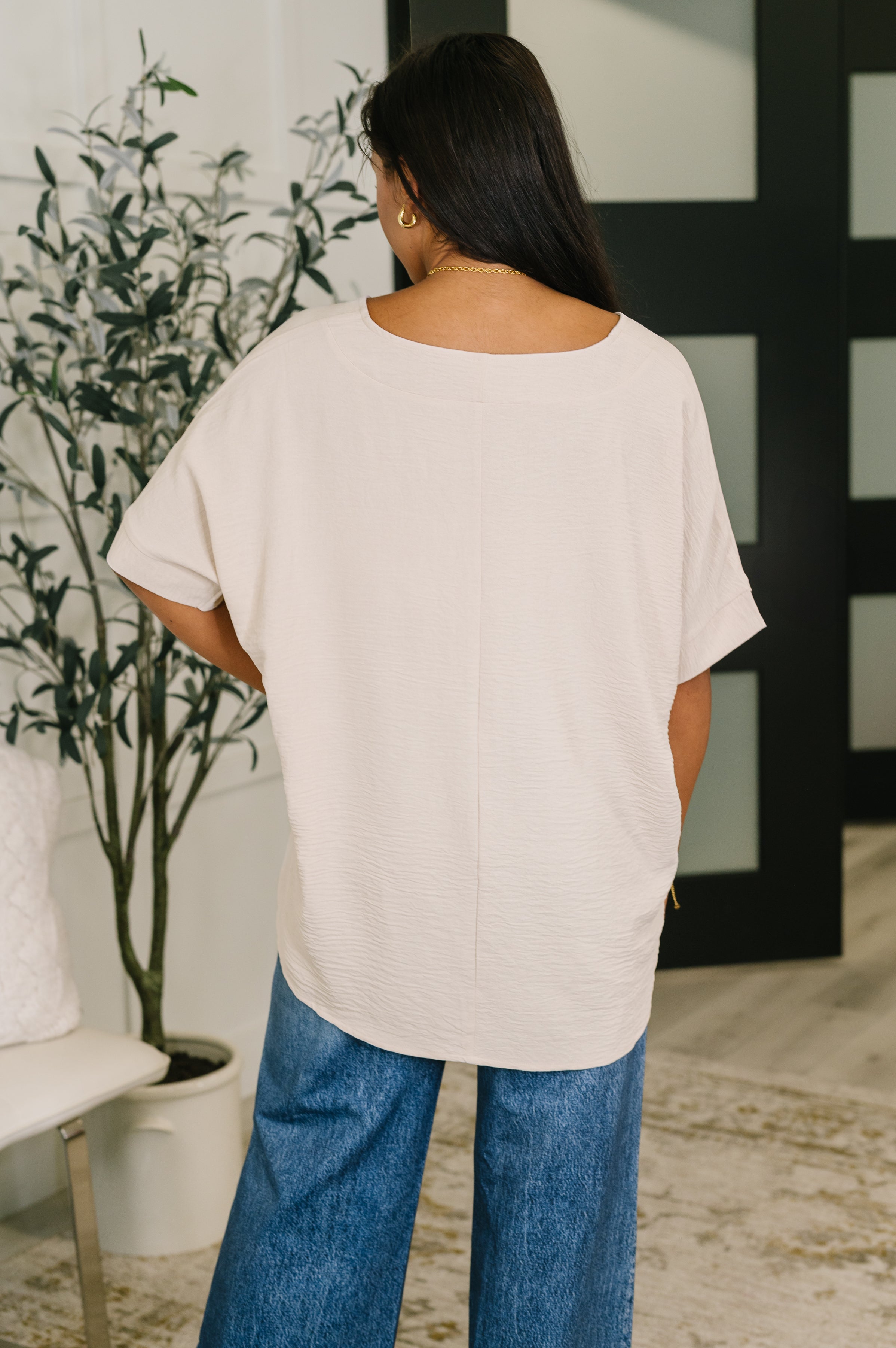 Counter Part Crinkle Woven V-Neck Top in Sand Beige - Charming Charlie