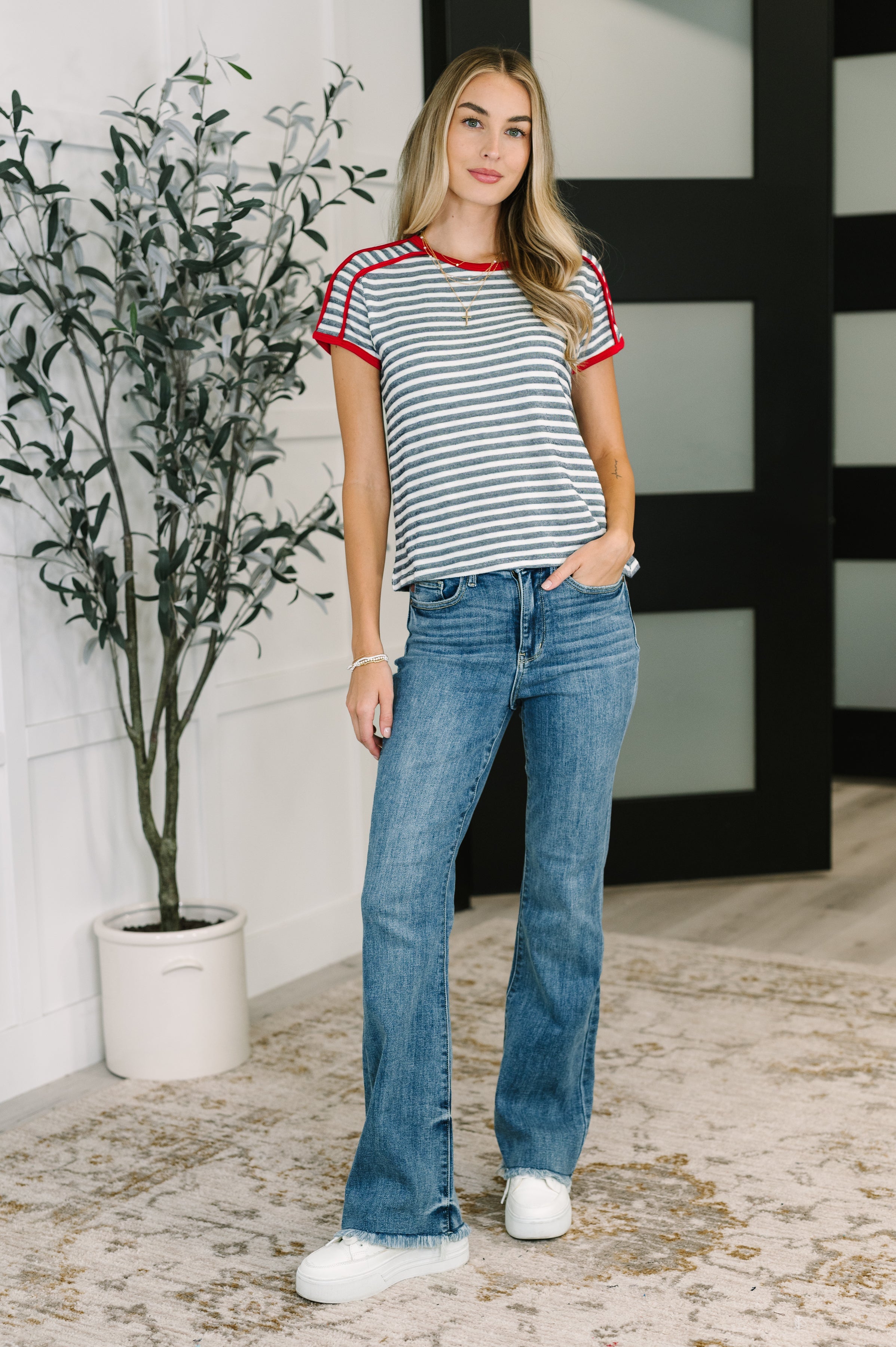Country Stripe Casual Tee in Navy White - Charming Charlie