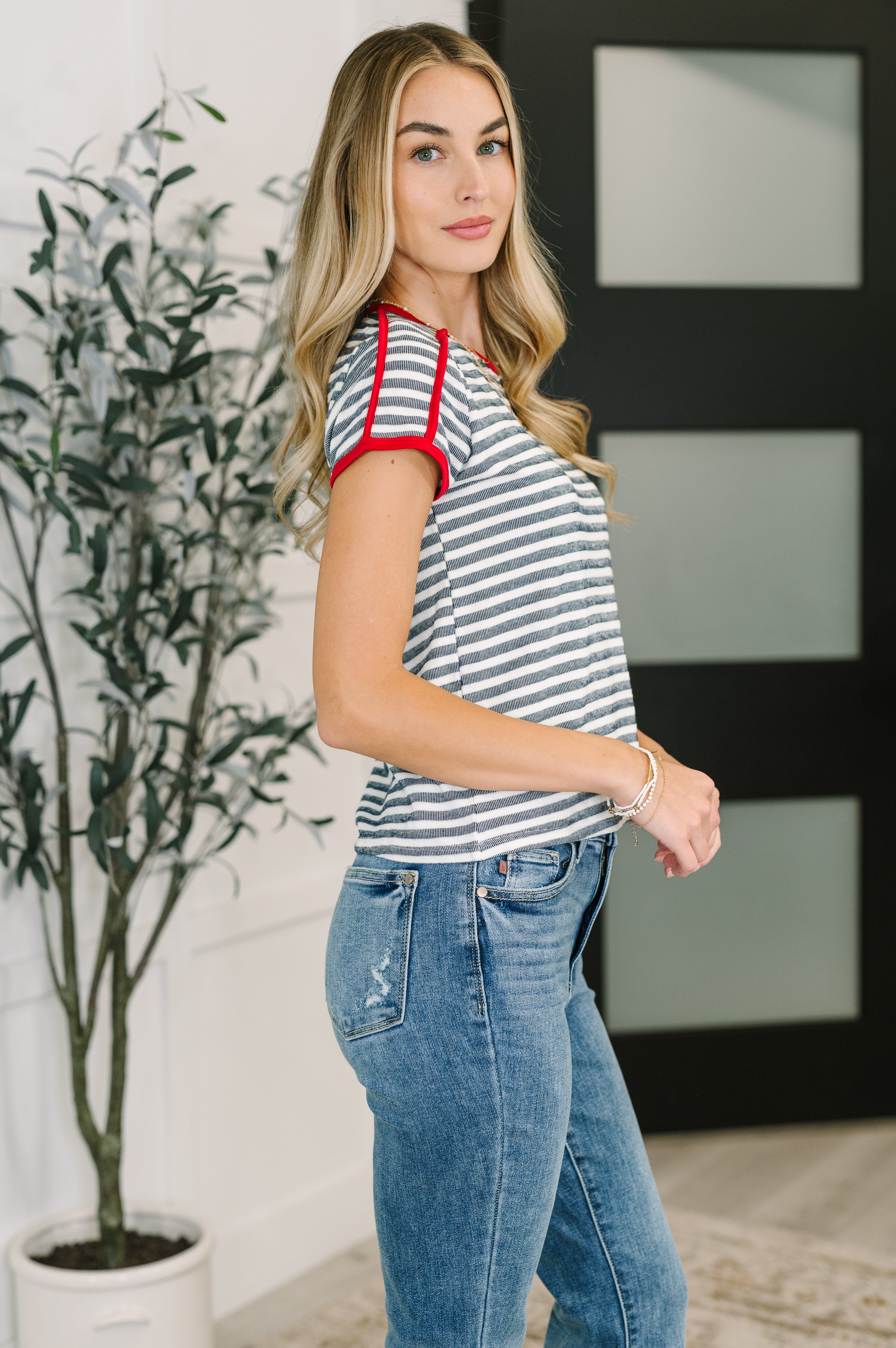 Country Stripe Casual Tee in Navy White - Charming Charlie