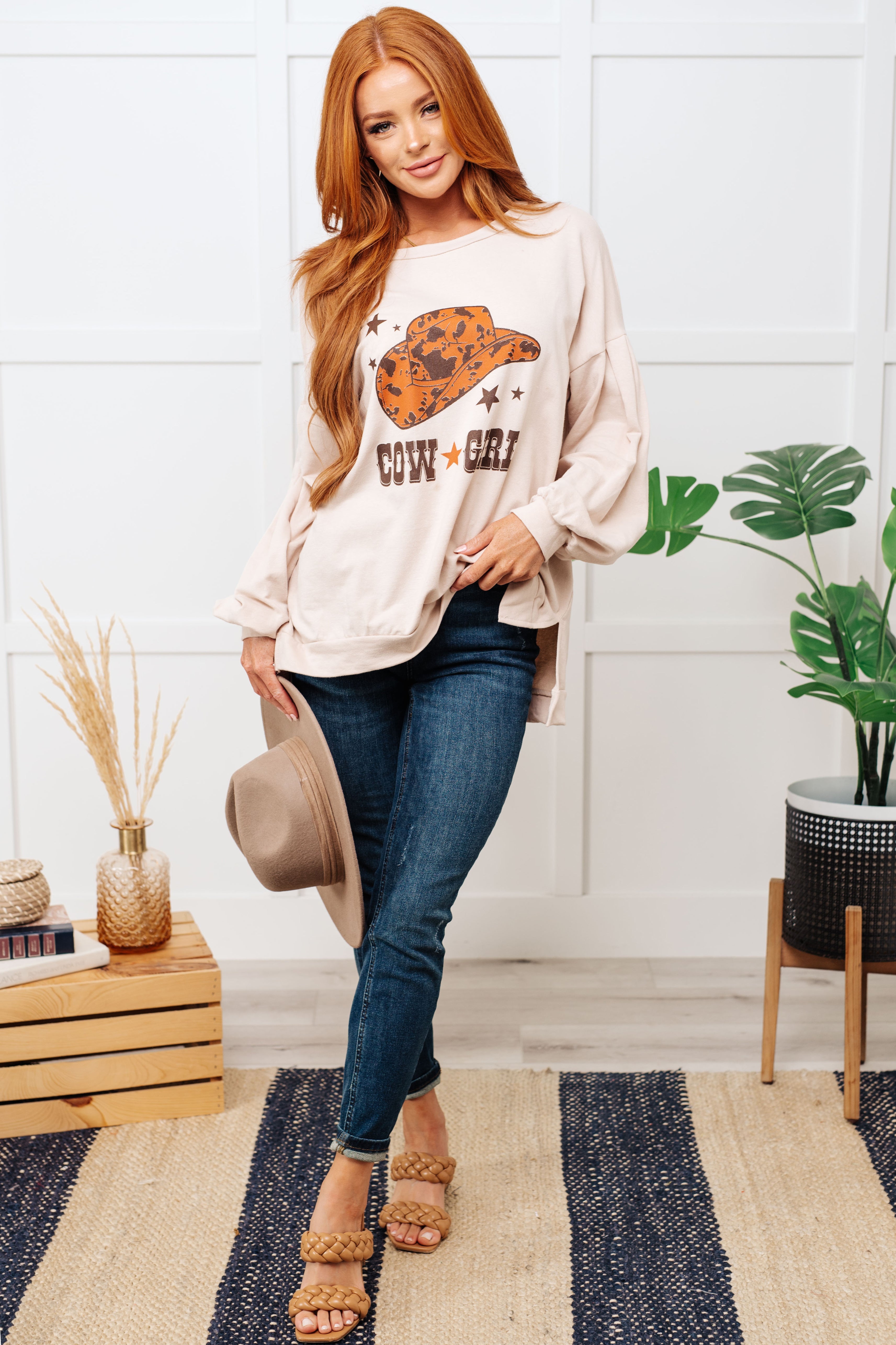 Cow Girl Graphic Pullover in Stone - Charming Charlie