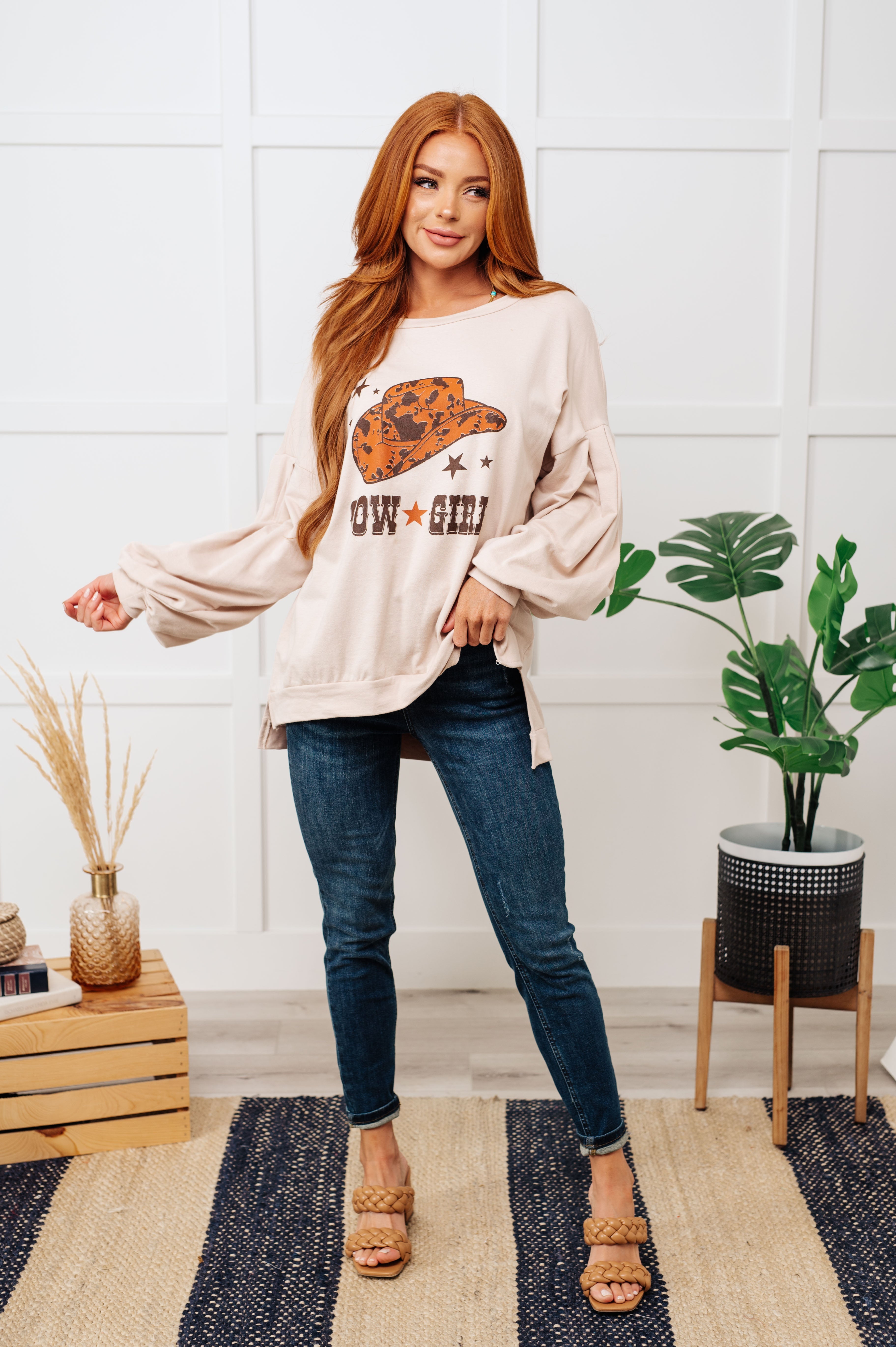 Cow Girl Graphic Pullover in Stone - Charming Charlie