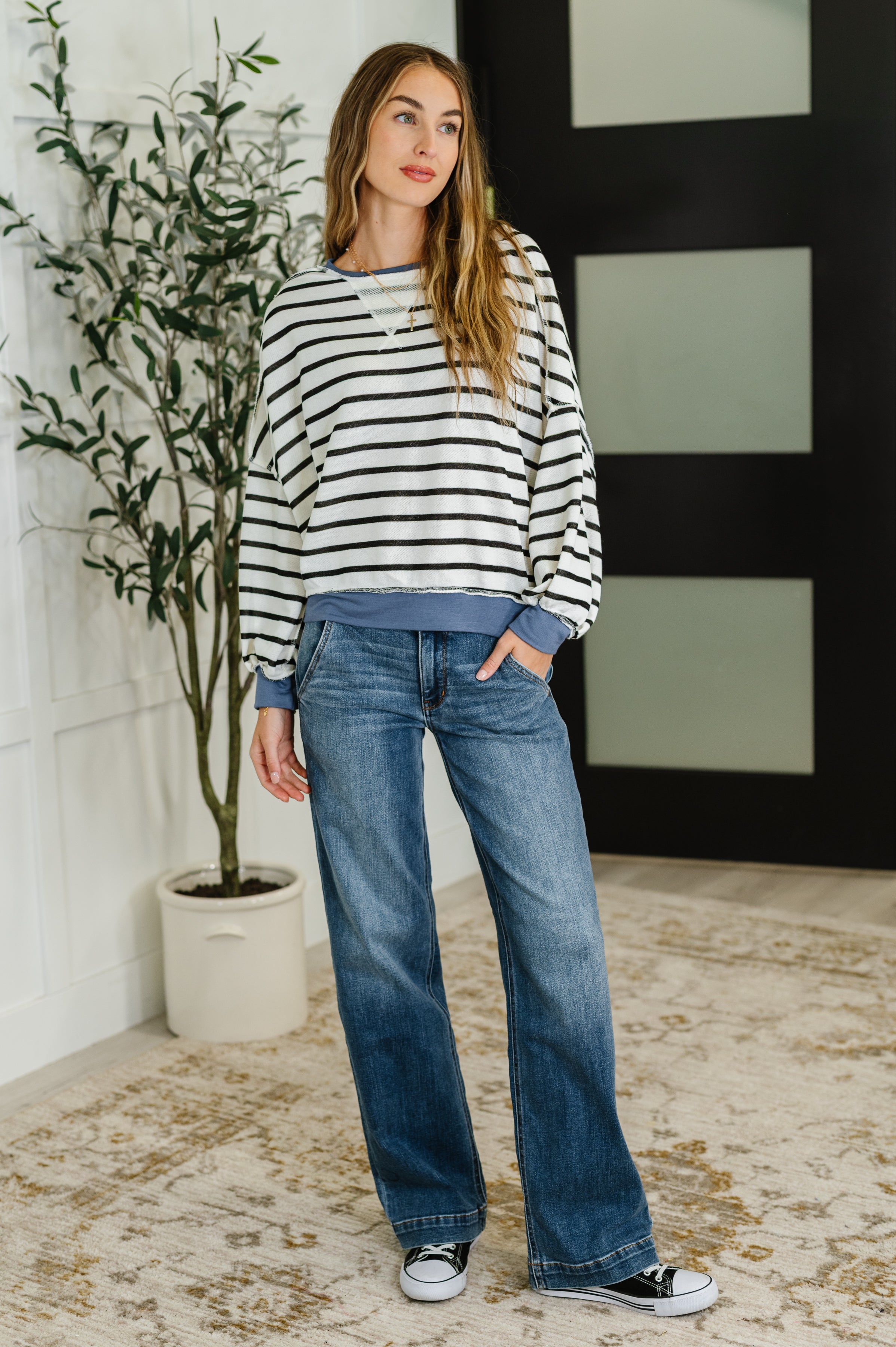 Cute in Comfort Crew Neck Pullover in White, Black and Denim - Charming Charlie