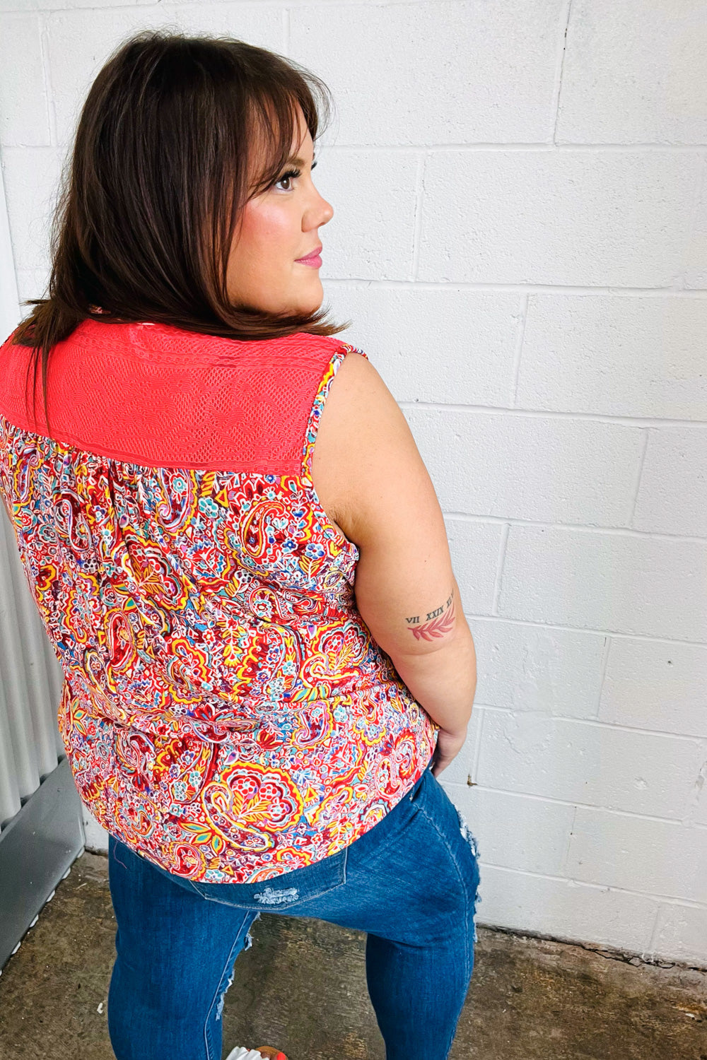 Coral Jacquard Lace Paisley Print Tank Top - Charming Charlie