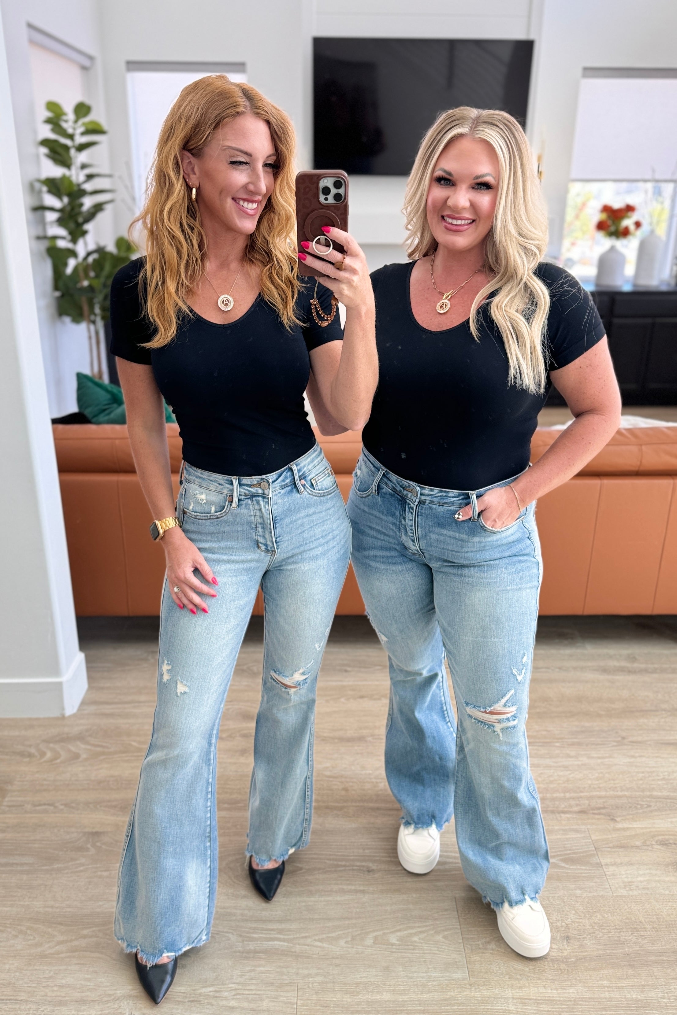 Caroline Mid Rise Control Top Distressed Flare Jeans - Charming Charlie