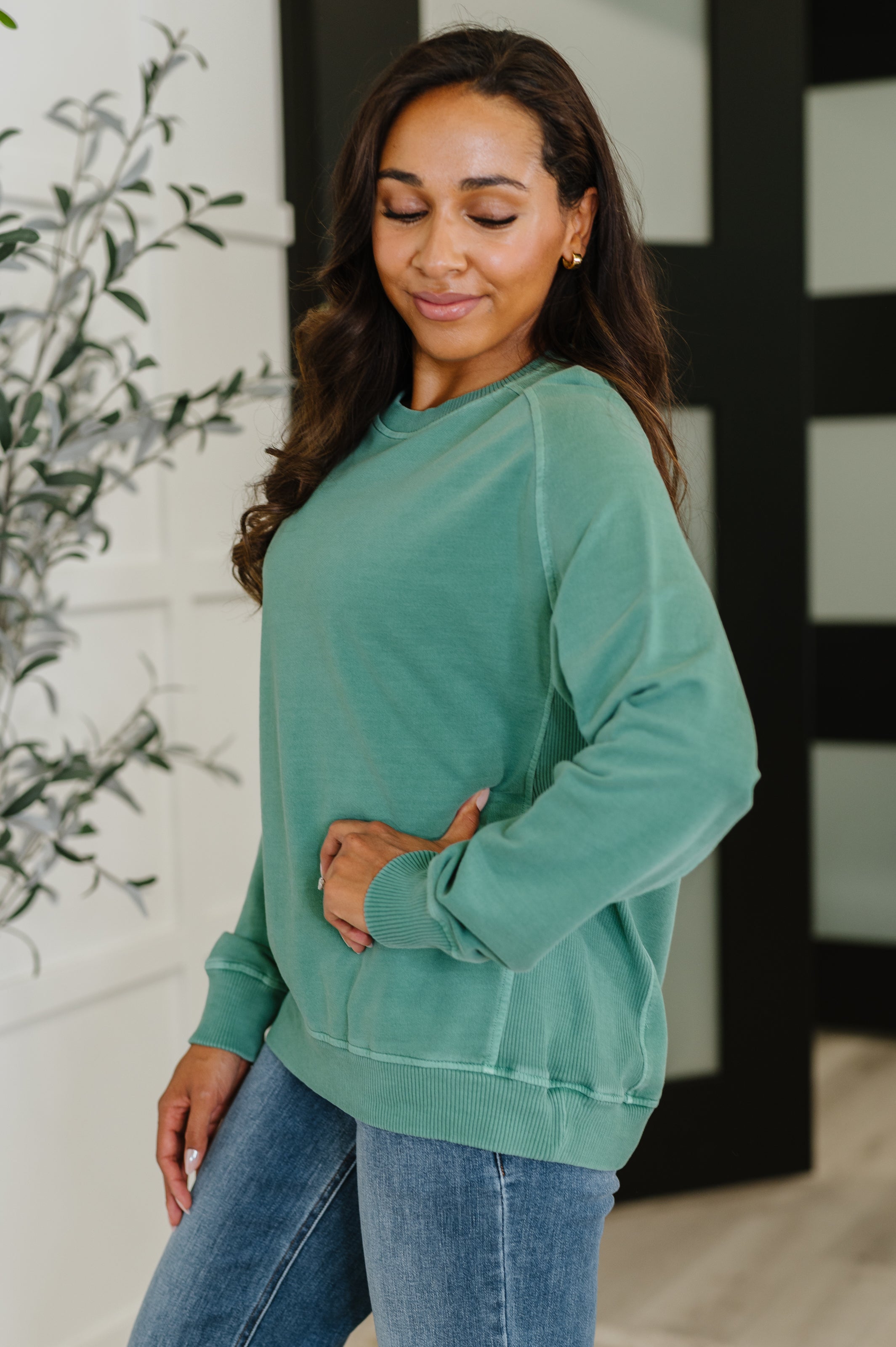 Daily Ease Mineral Wash Pullover in Dark Green - Charming Charlie