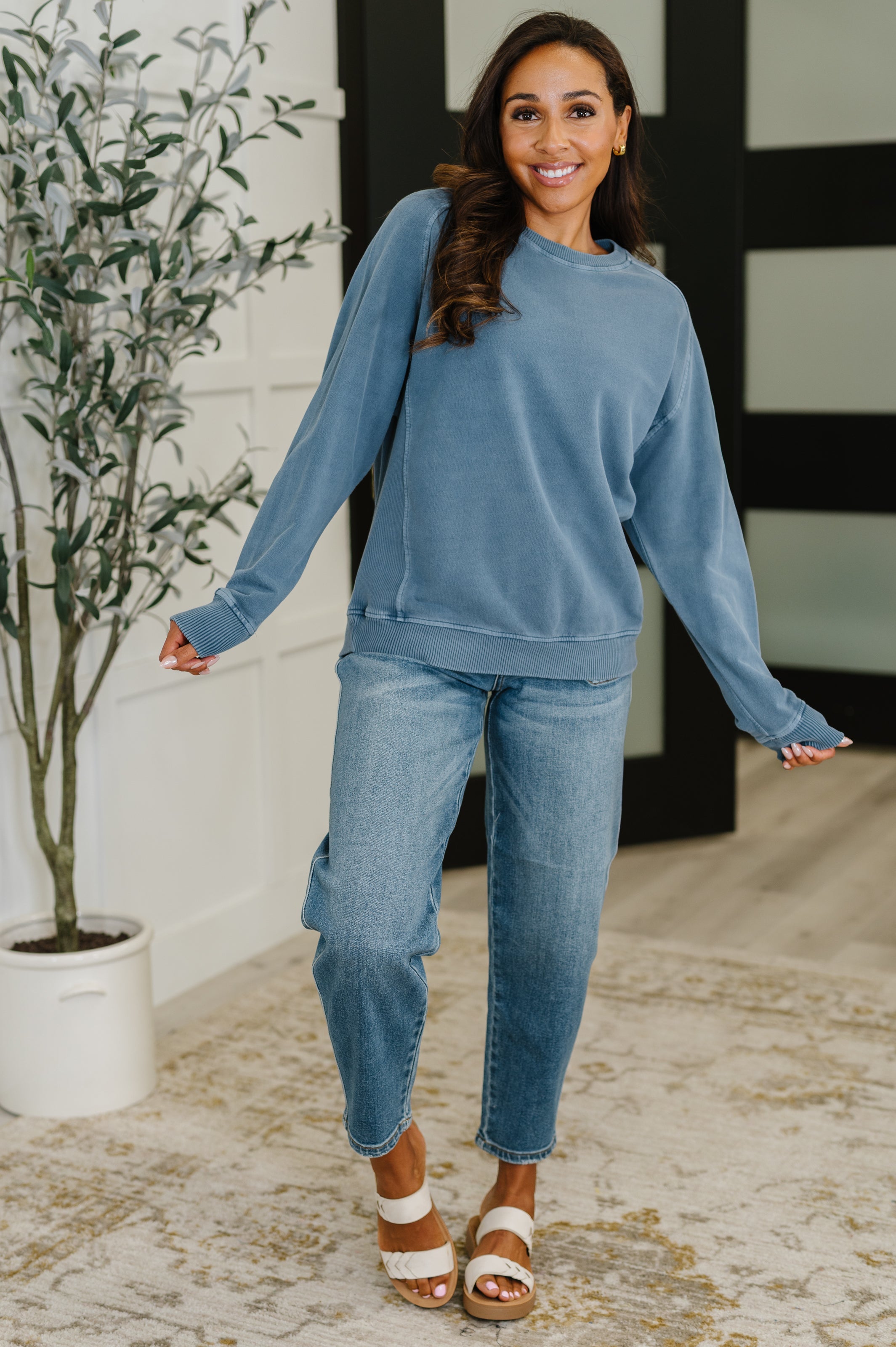 Daily Ease Mineral Wash Pullover in Dusty Blue - Charming Charlie