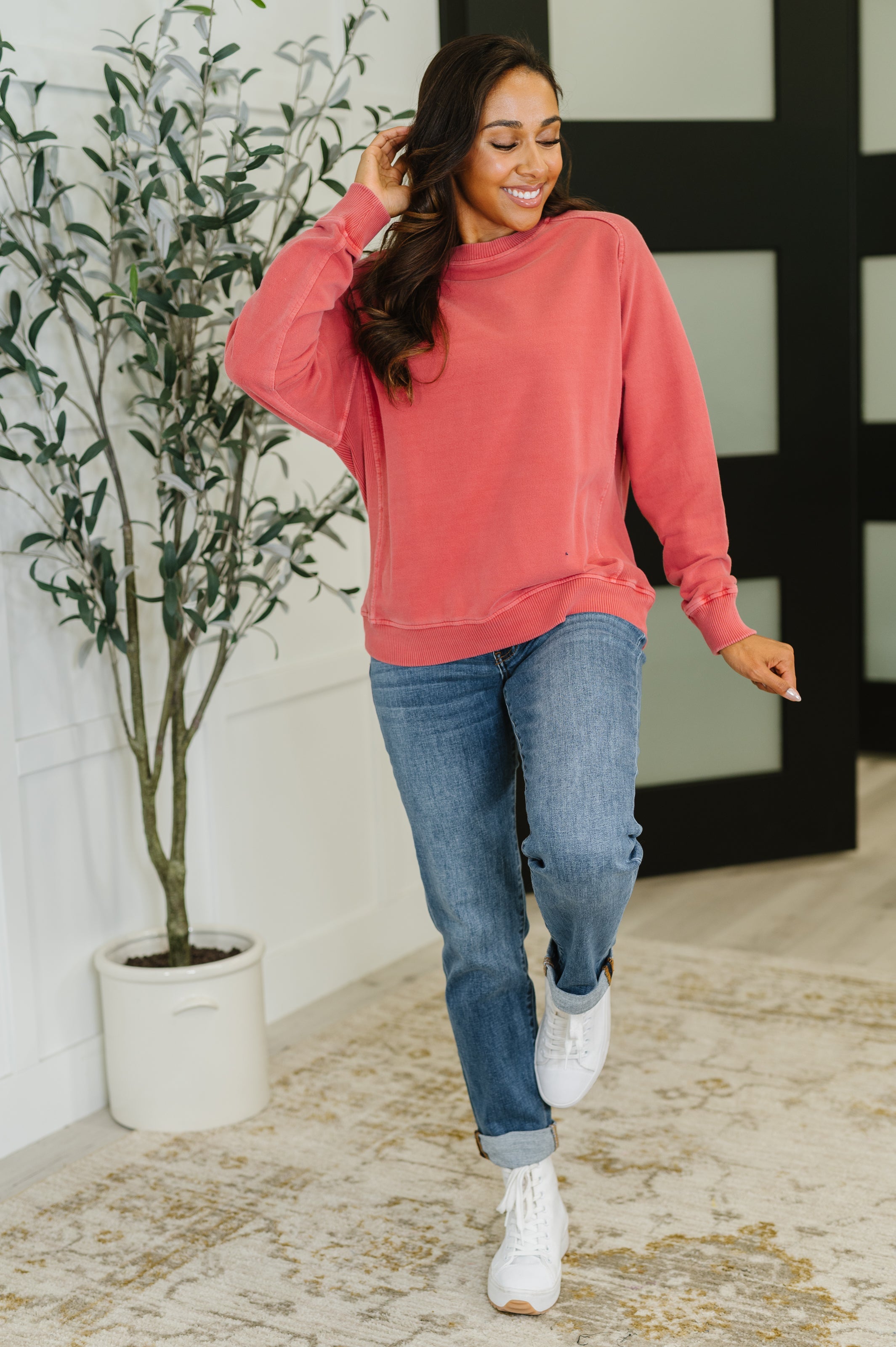 Daily Ease Mineral Wash Pullover in Ruby - Charming Charlie