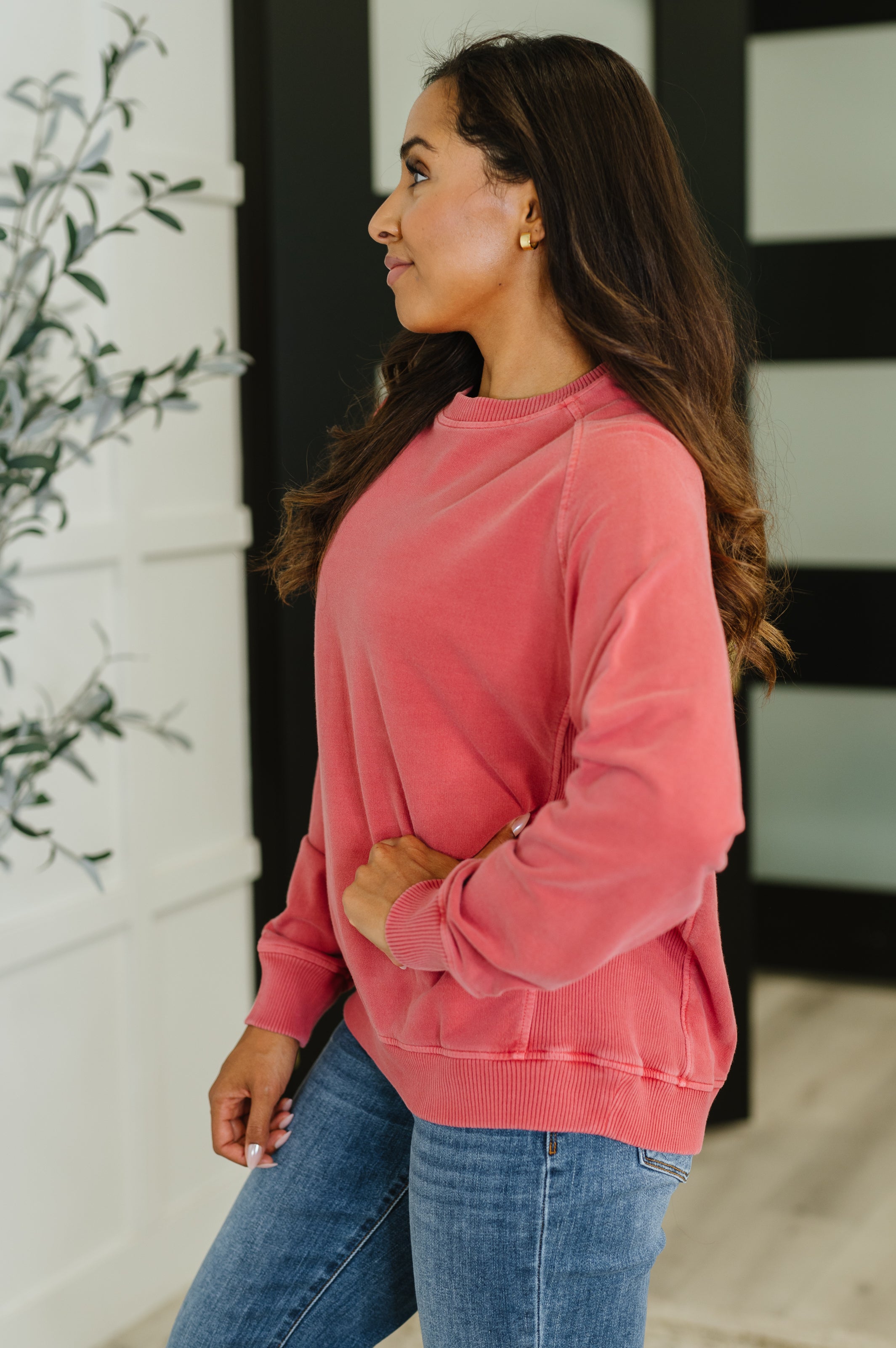 Daily Ease Mineral Wash Pullover in Ruby - Charming Charlie