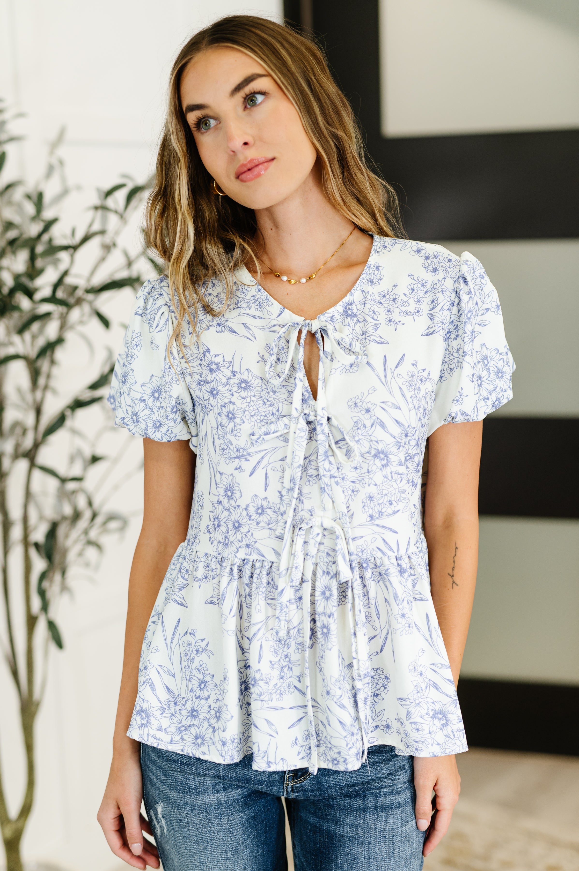 Dainty Lil' Thing Balloon Sleeve Blouse in Ivory/Blue - Charming Charlie