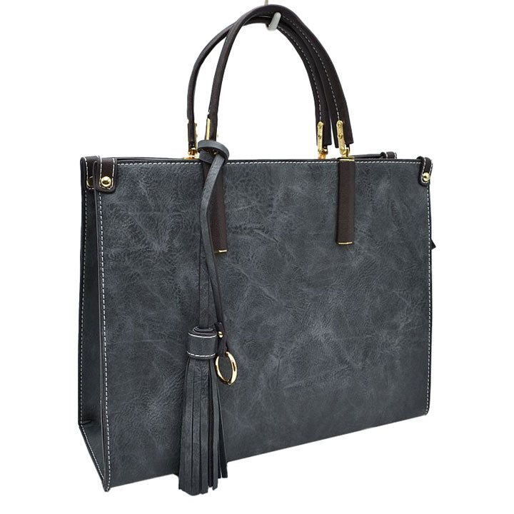 Dark Gray Large Shoulder Vegan Leather Tassel Handbag For Women. High quality Vegan Leather is a luxurious and durable, Stay organized in style with this square-shaped shopper tote bag that is fully two contrasting interior and exterior solid colors. This vegan leather handbag includes an on-trend removable tassel embellishment. Guaranteed, This will be your go-to handbag.