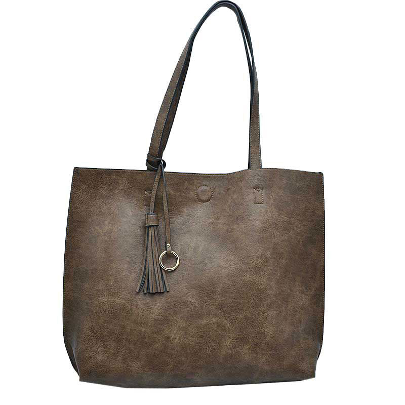 Dark Gray Large Tote Reversible Shoulder Vegan Leather Tassel Handbag, High quality Vegan Leather is a luxurious and durable, Stay organized in style with this square-shaped shopper tote purse that is fully reversible for two contrasting interior and exterior solid colors. This vegan leather handbag includes an on-trend removable tassel embellishment. Guaranteed, This will be your go-to handbag.