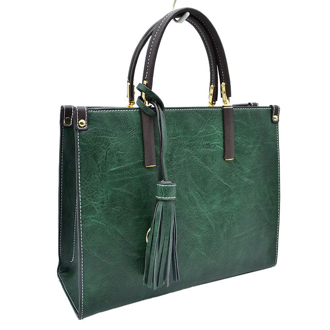 Dark Green Large Shoulder Vegan Leather Tassel Handbag For Women. High quality Vegan Leather is a luxurious and durable, Stay organized in style with this square-shaped shopper tote bag that is fully two contrasting interior and exterior solid colors. This vegan leather handbag includes an on-trend removable tassel embellishment. Guaranteed, This will be your go-to handbag.