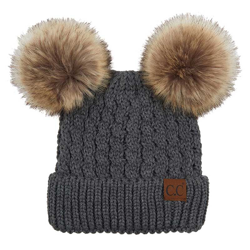 Dark Grey C.C Double Pom Pom All Over Cable Knit Beanie Hat., Stay warm and cozy this winter. Expertly crafted from a premium cable knit fabric, this stylish beanie provides maximum insulation and breathability. Two pom poms on top add a touch of flair to your look. Perfect for chilly winter days, this is an ideal winter gift.