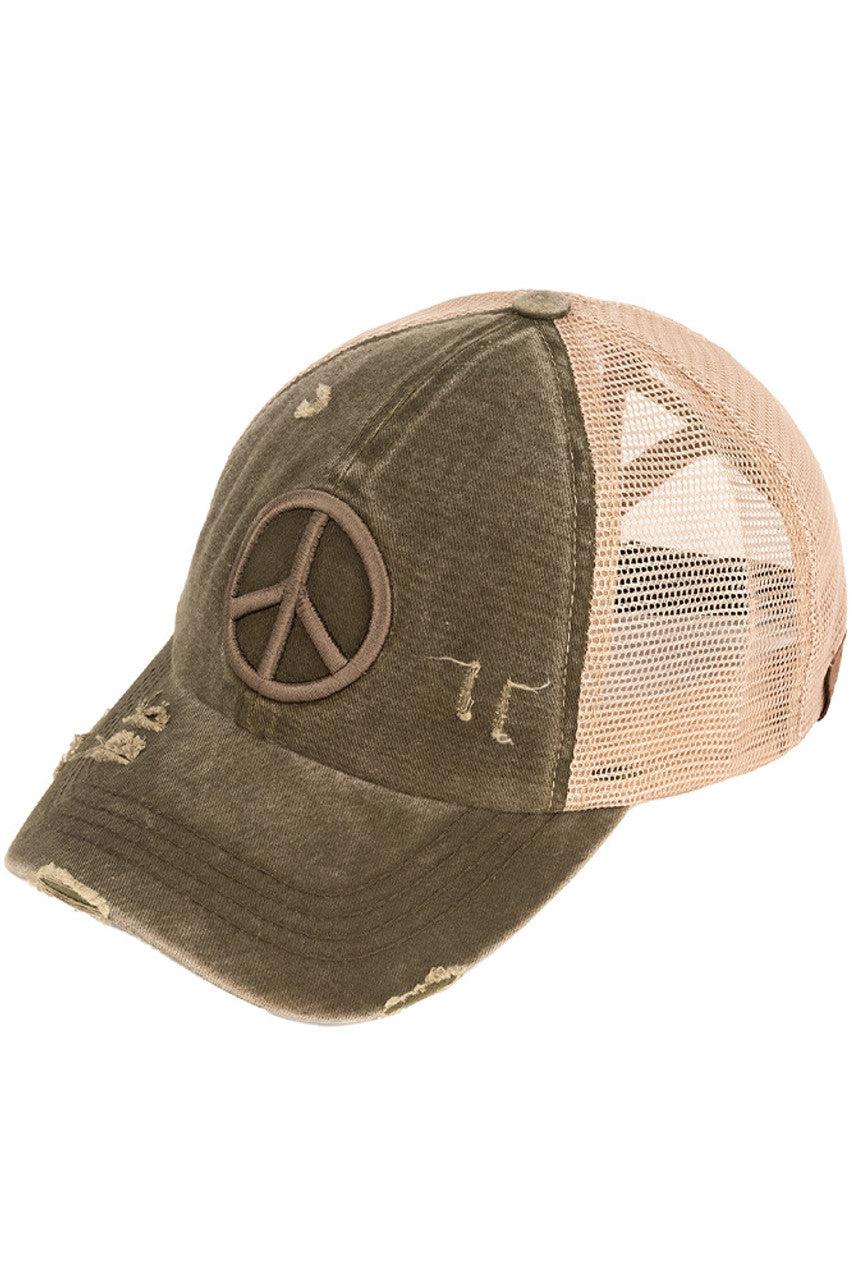Dark Olive C.C PEACE SIGN DISTRESSED PONY CAP - the perfect addition to your wardrobe for a trendy look. Made from high-quality materials, this cap features a peace sign design and distressed details that add character and edge to any outfit. Stay stylish and spread good vibes with this cap.
