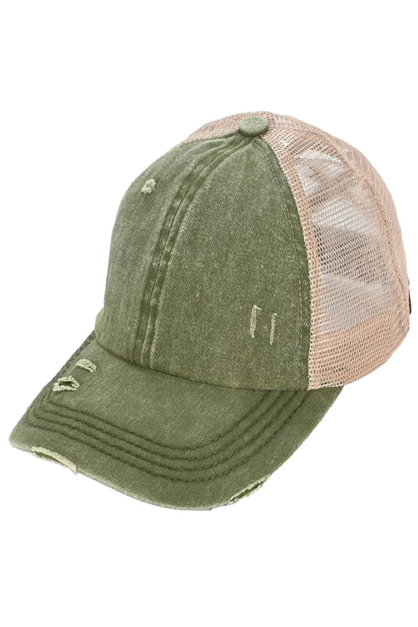 Dark Olive C.C BASEBALL PONYCAP is a stylish and functional cap that combines the classic look of a baseball cap with the convenience of a ponytail holder. Made with high-quality materials and a comfortable fit, this cap is perfect for any outdoor activity. Stay cool and protected with the C.C BASEBALL PONYCAP.