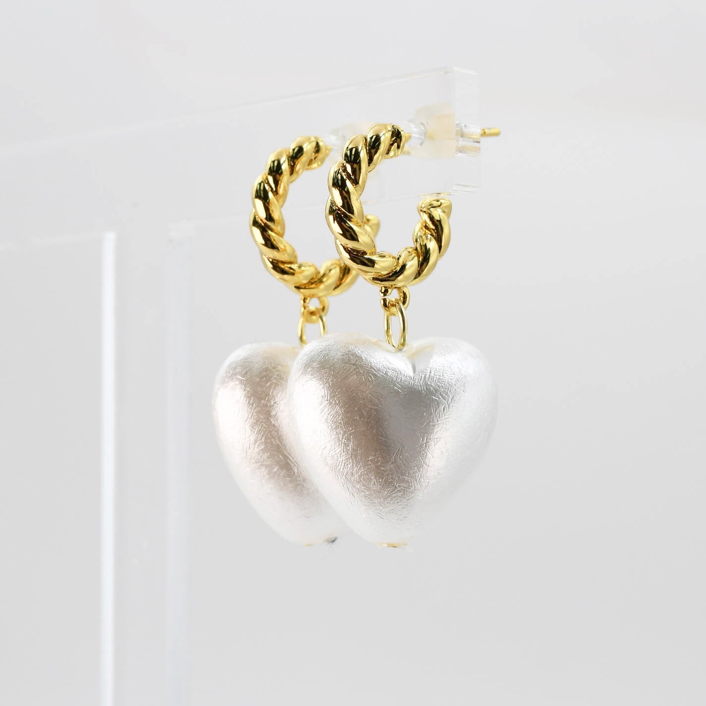 gold hoop pearl heart earrings, twisted drop design, boutique jewelry style, tarnish free, hypoallergenic, waterproof, wholesale earrings for boutique