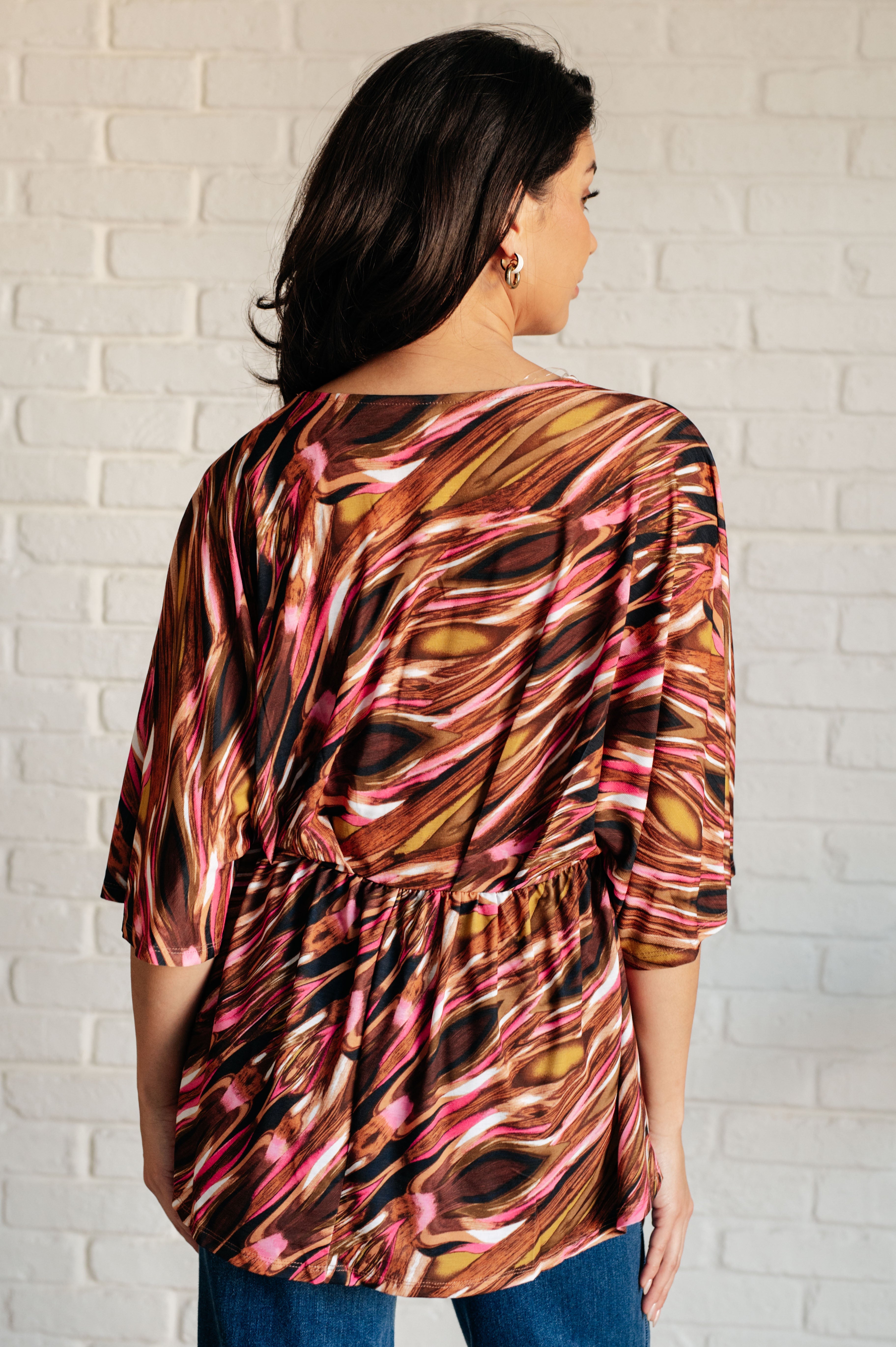 Dearest Dreamer Peplum Top in Abstract Mocha - Charming Charlie