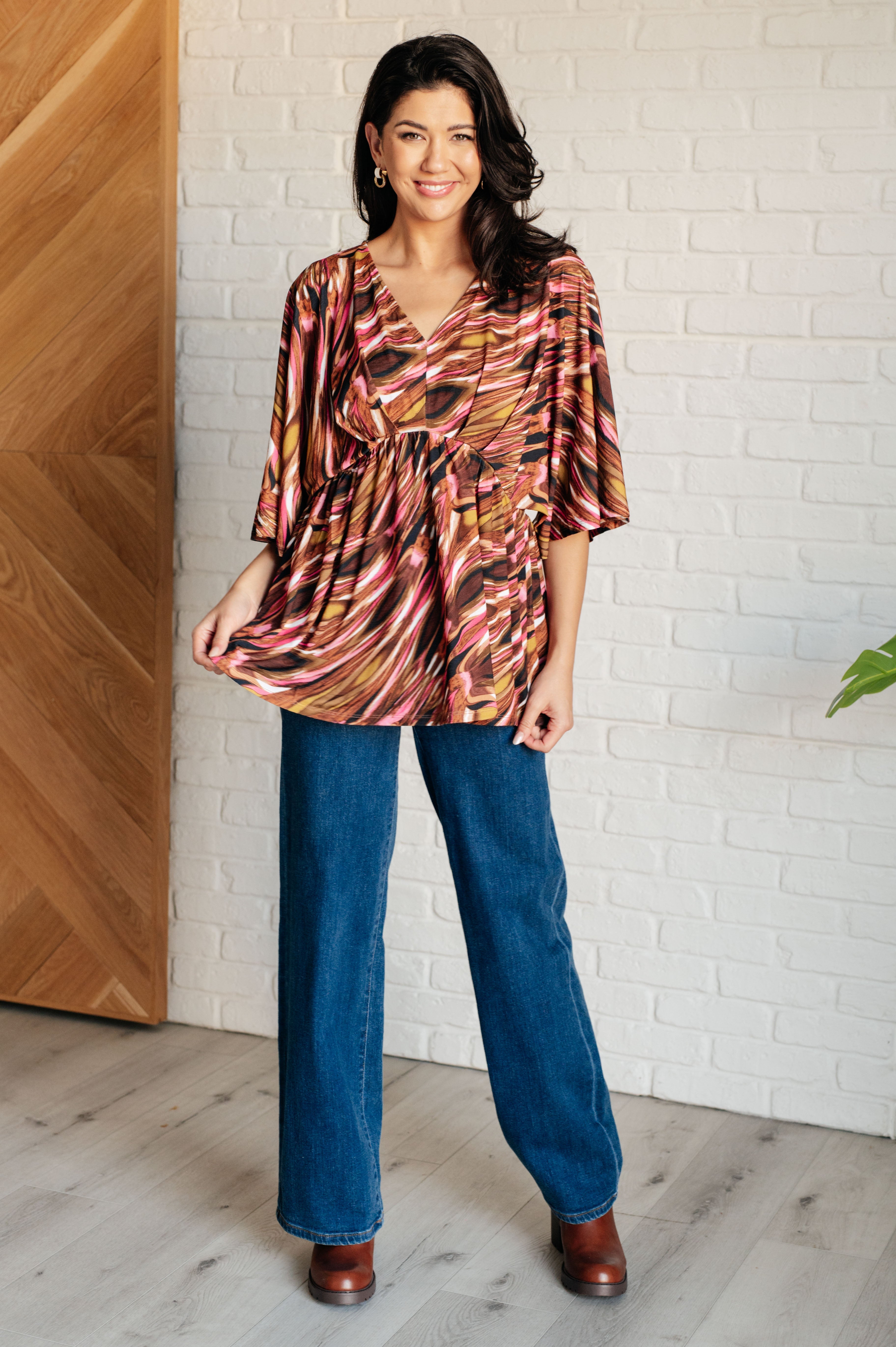 Dearest Dreamer Peplum Top in Abstract Mocha - Charming Charlie