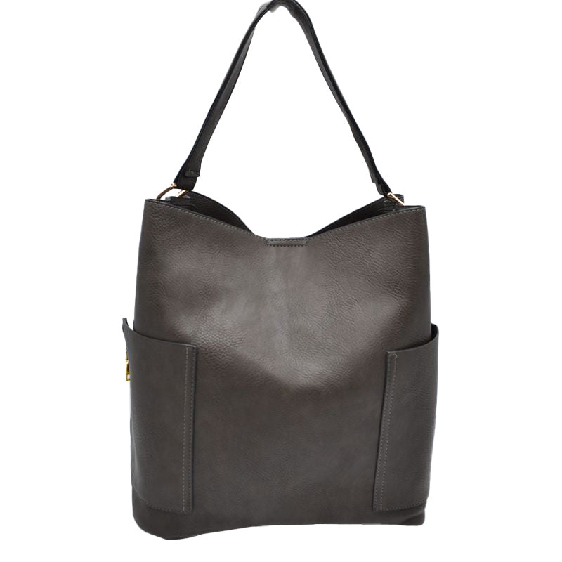 Deep Gray 2in1 Chic Satchel Side Pocket With Long Strap Bucket Bag, This casual crossbody bucket bag is super soft Vegan leather and has convenient side pockets to carry water bottles, phones, or glasses and a removable zipper pouch. Gold hardware. Extra bag inside and strap to make it a crossbody. Perfect for carrying around your stuff, this bag is big enough for all your daily essentials.