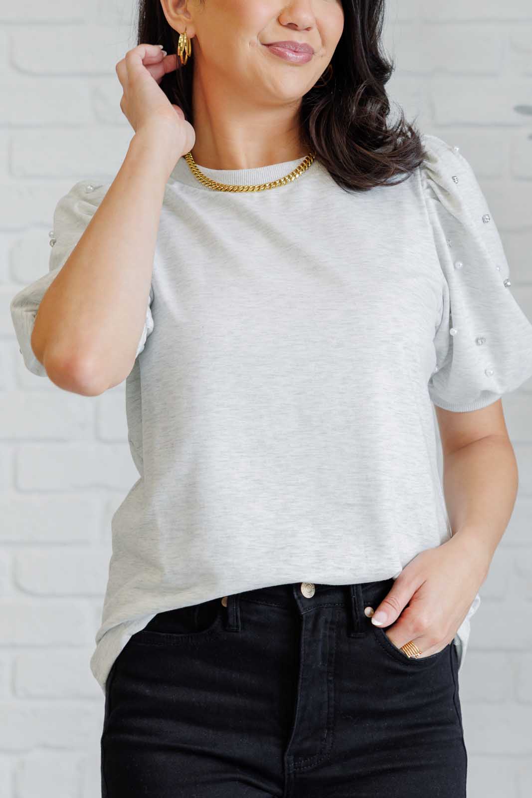 Diamonds and Pearls Puff Sleeve Top in Light Grey - Charming Charlie