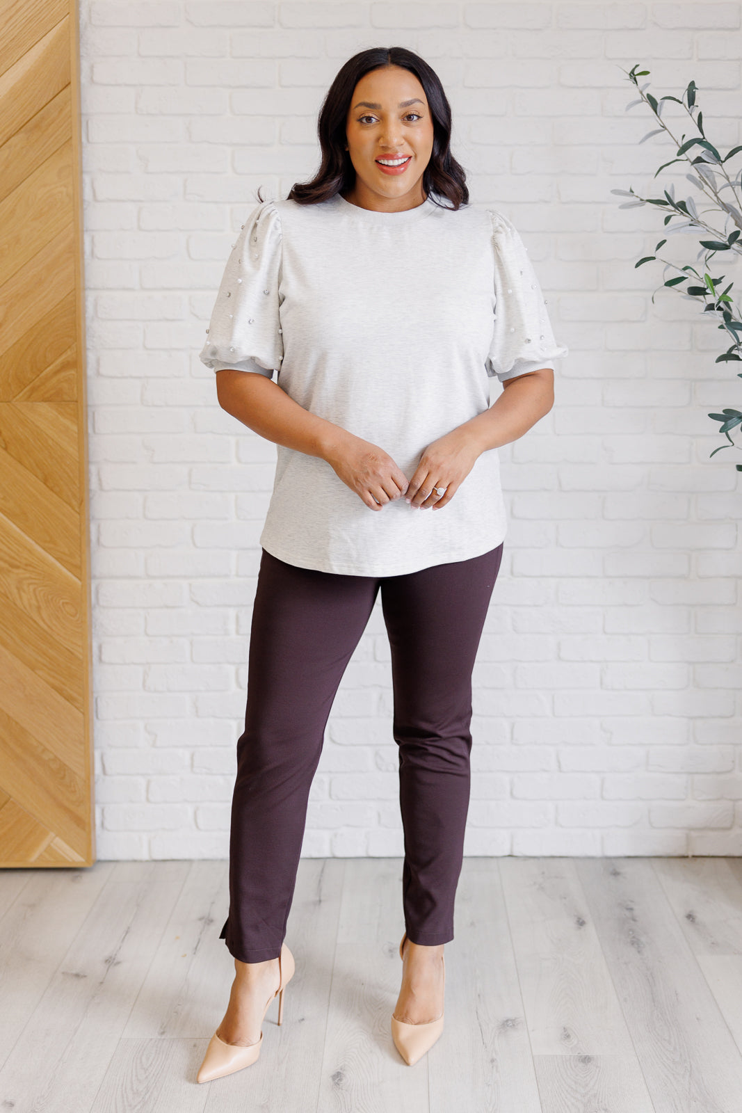 Diamonds and Pearls Puff Sleeve Top in Light Grey - Charming Charlie
