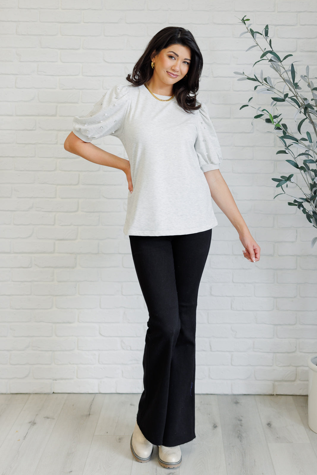 Diamonds and Pearls Puff Sleeve Top in Light Grey - Charming Charlie