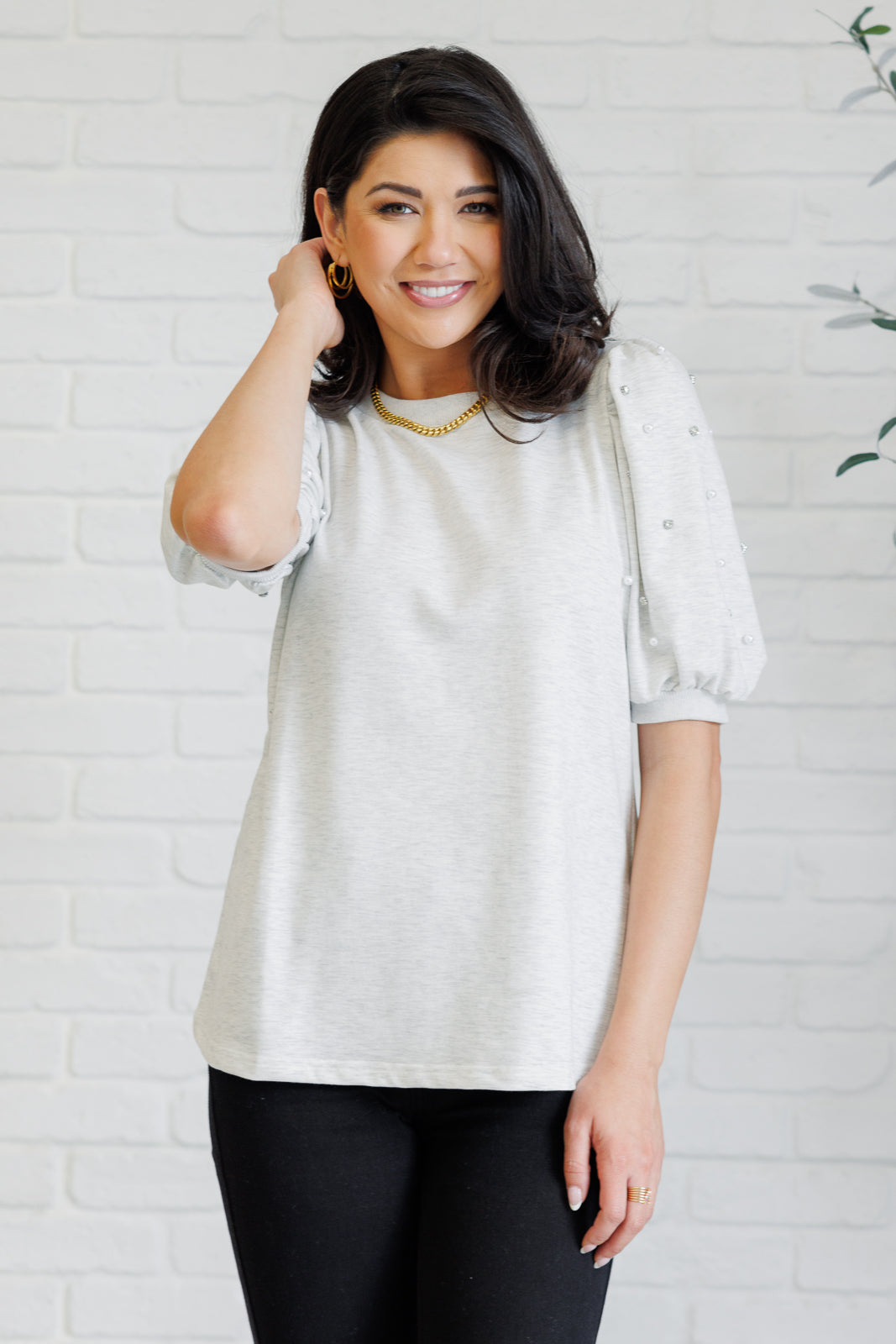 Diamonds and Pearls Puff Sleeve Top in Light Grey - Charming Charlie
