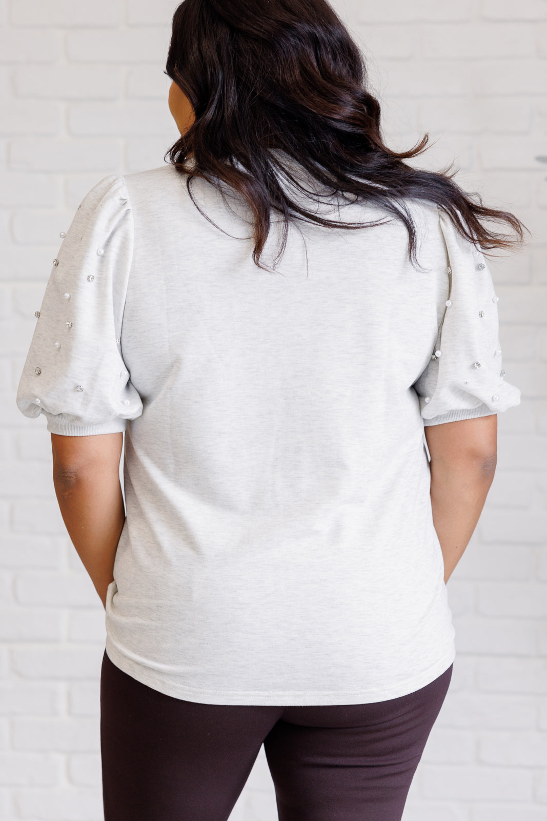 Diamonds and Pearls Puff Sleeve Top in Light Grey - Charming Charlie