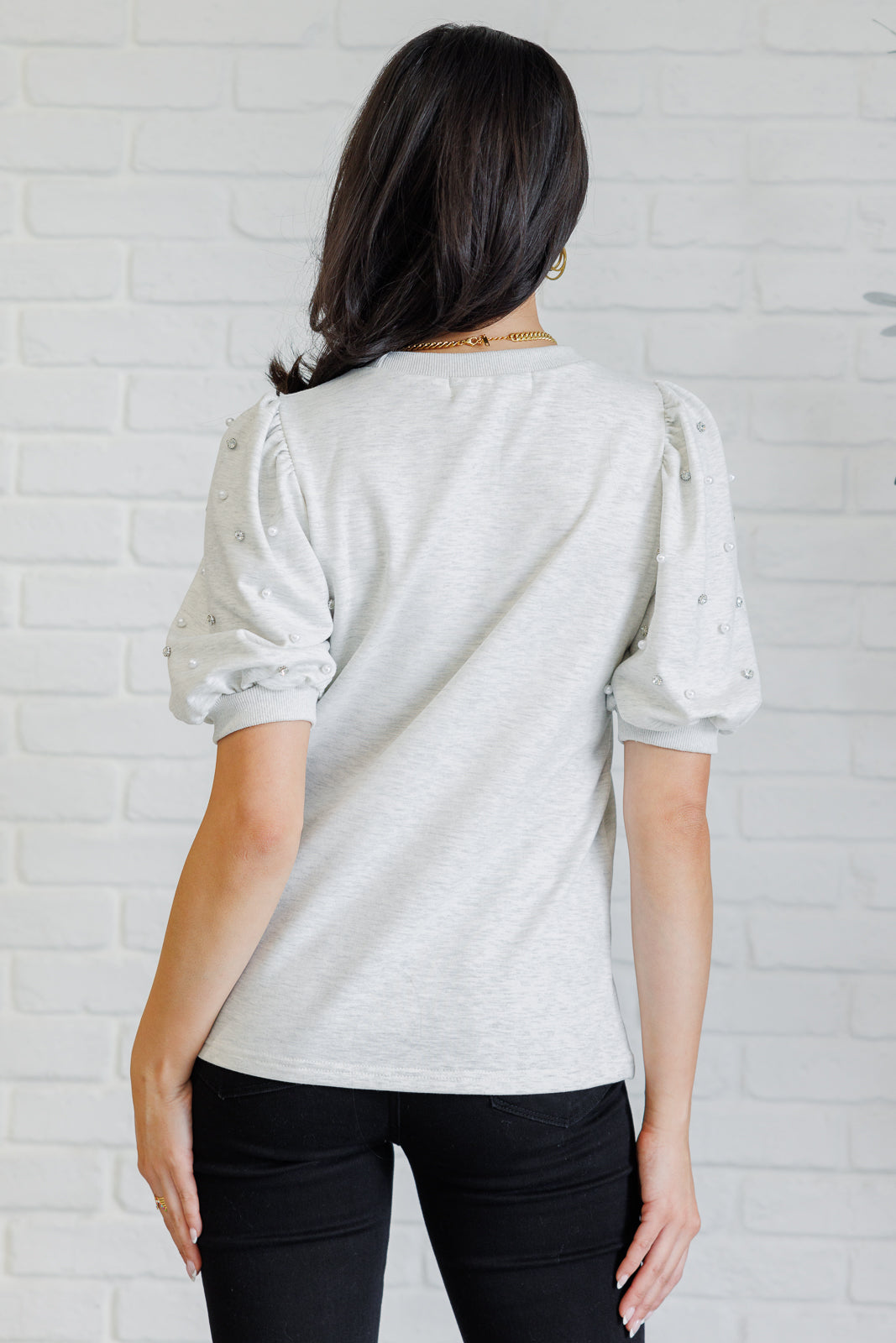 Diamonds and Pearls Puff Sleeve Top in Light Grey - Charming Charlie