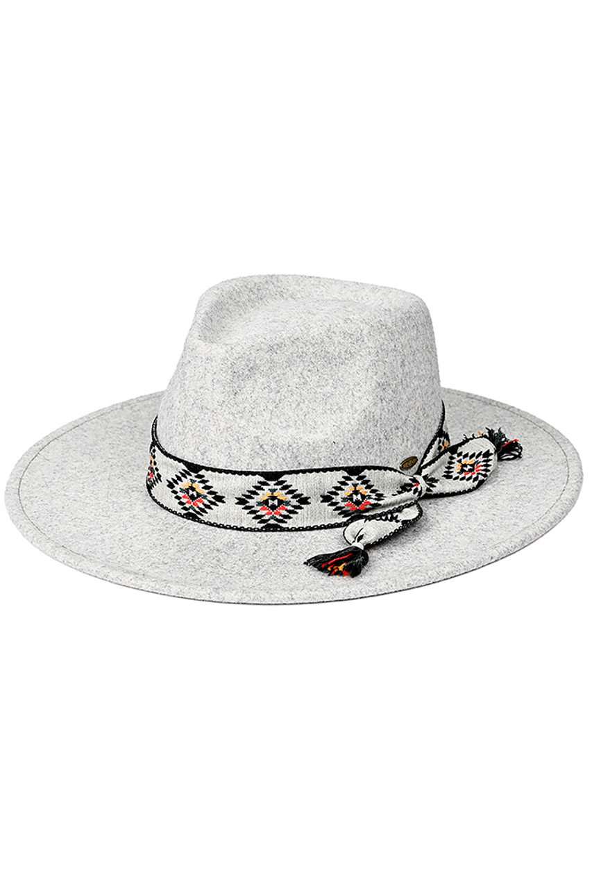 C.C Aztec Trim Band Vegan Felt Panama Hat - Dove - Panama Hats