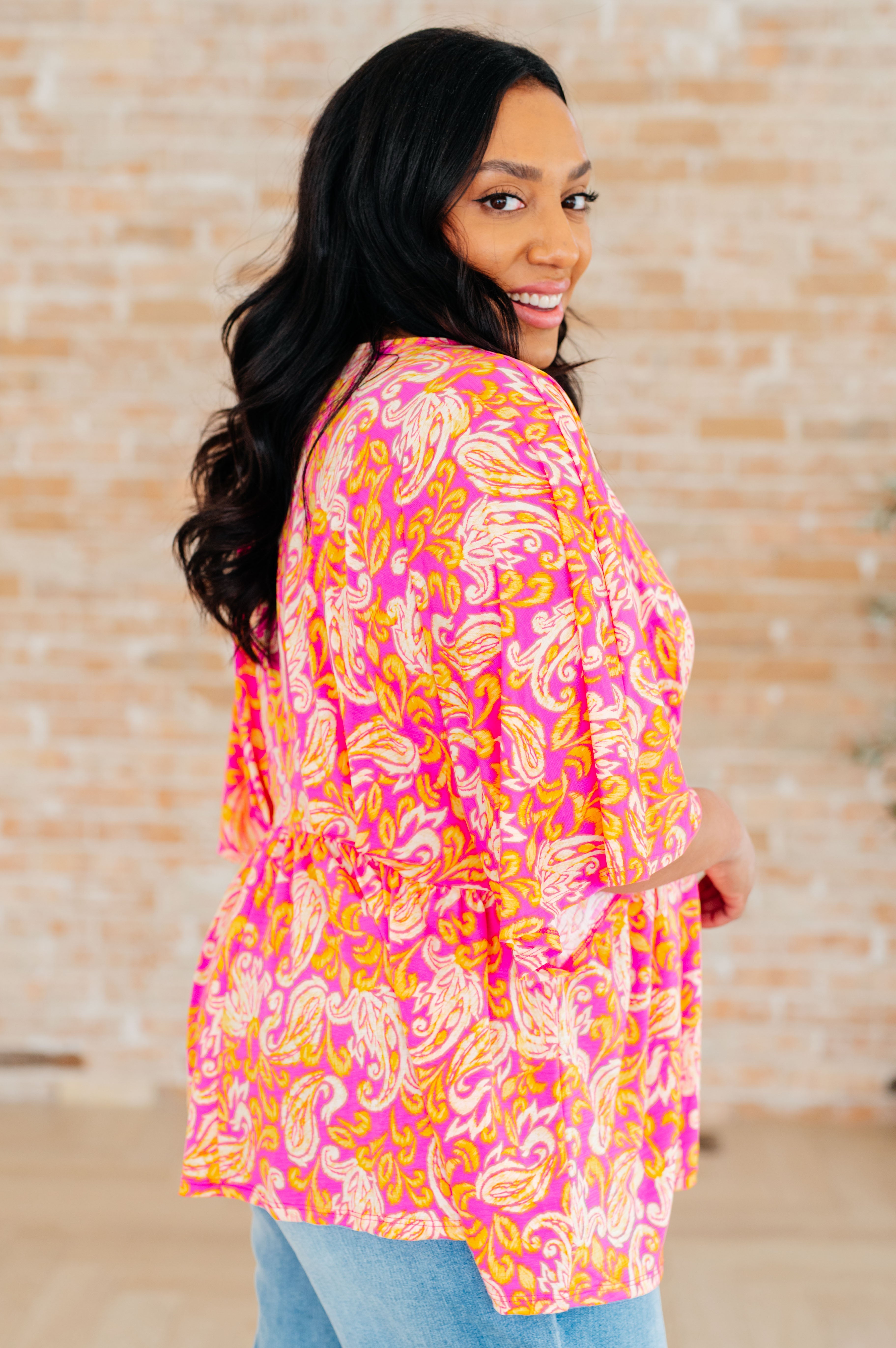 Dreamer Peplum Top in Pink Filigree - Charming Charlie