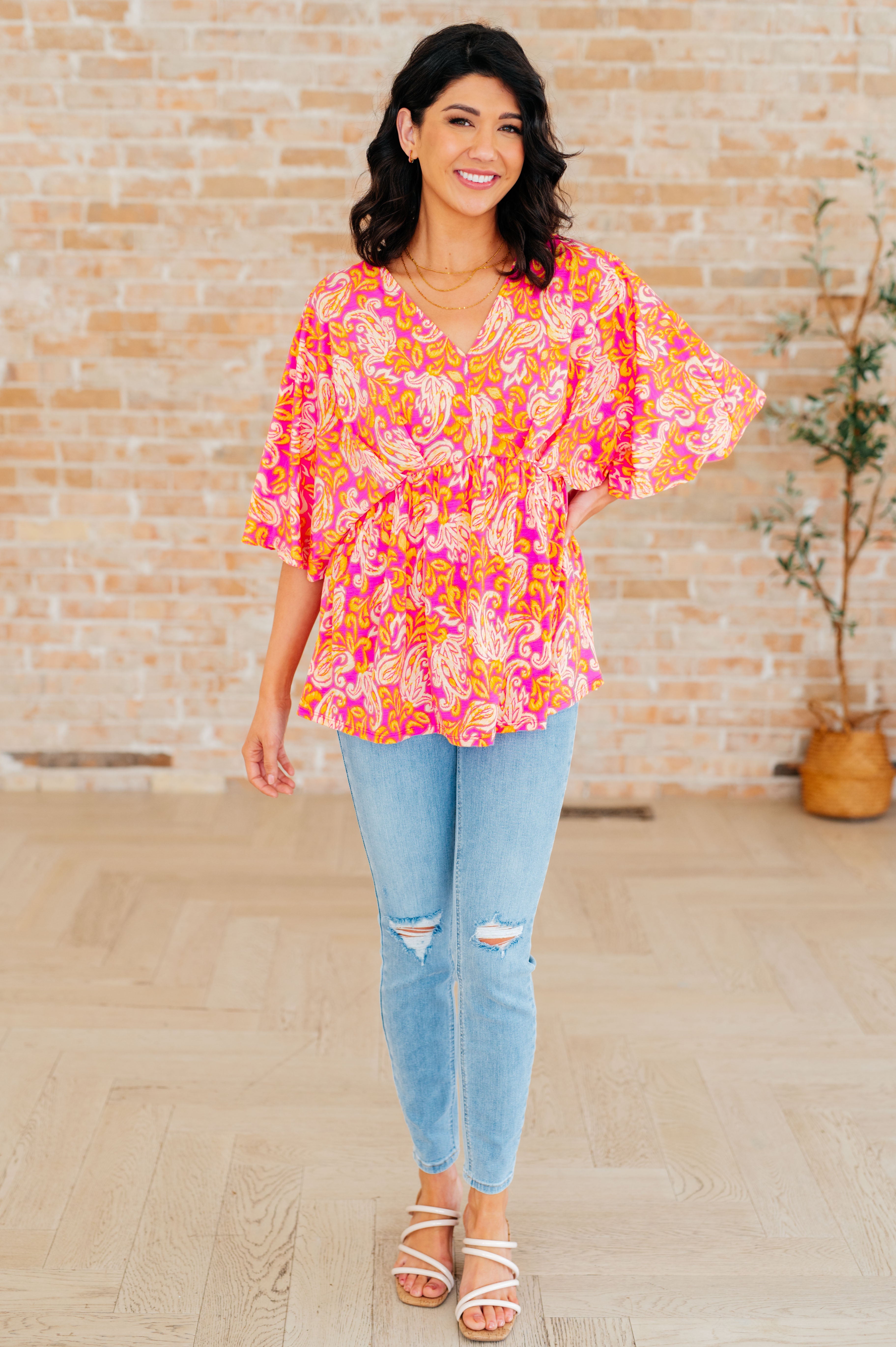 Dreamer Peplum Top in Pink Filigree - Charming Charlie