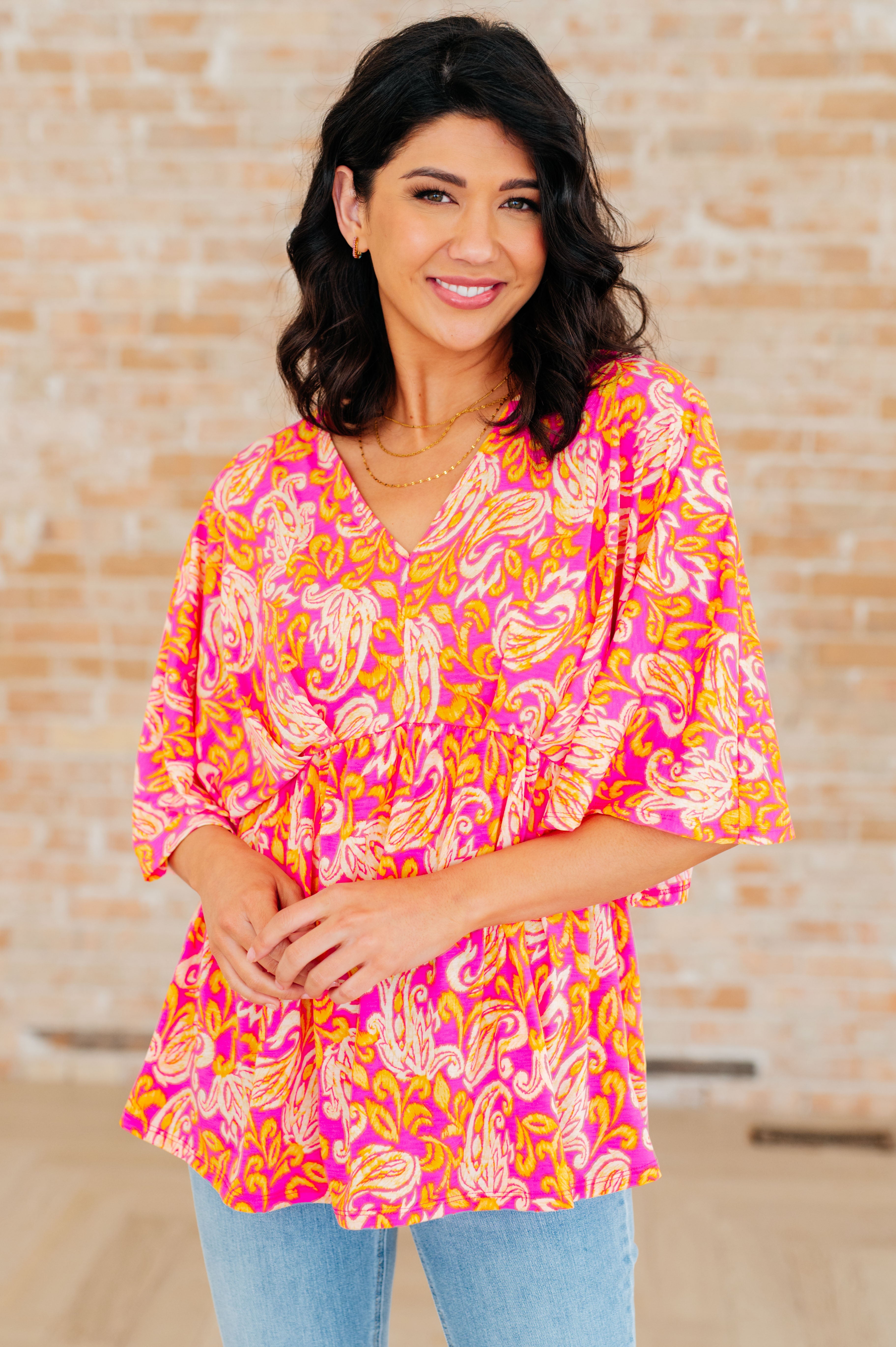 Dreamer Peplum Top in Pink Filigree - Charming Charlie