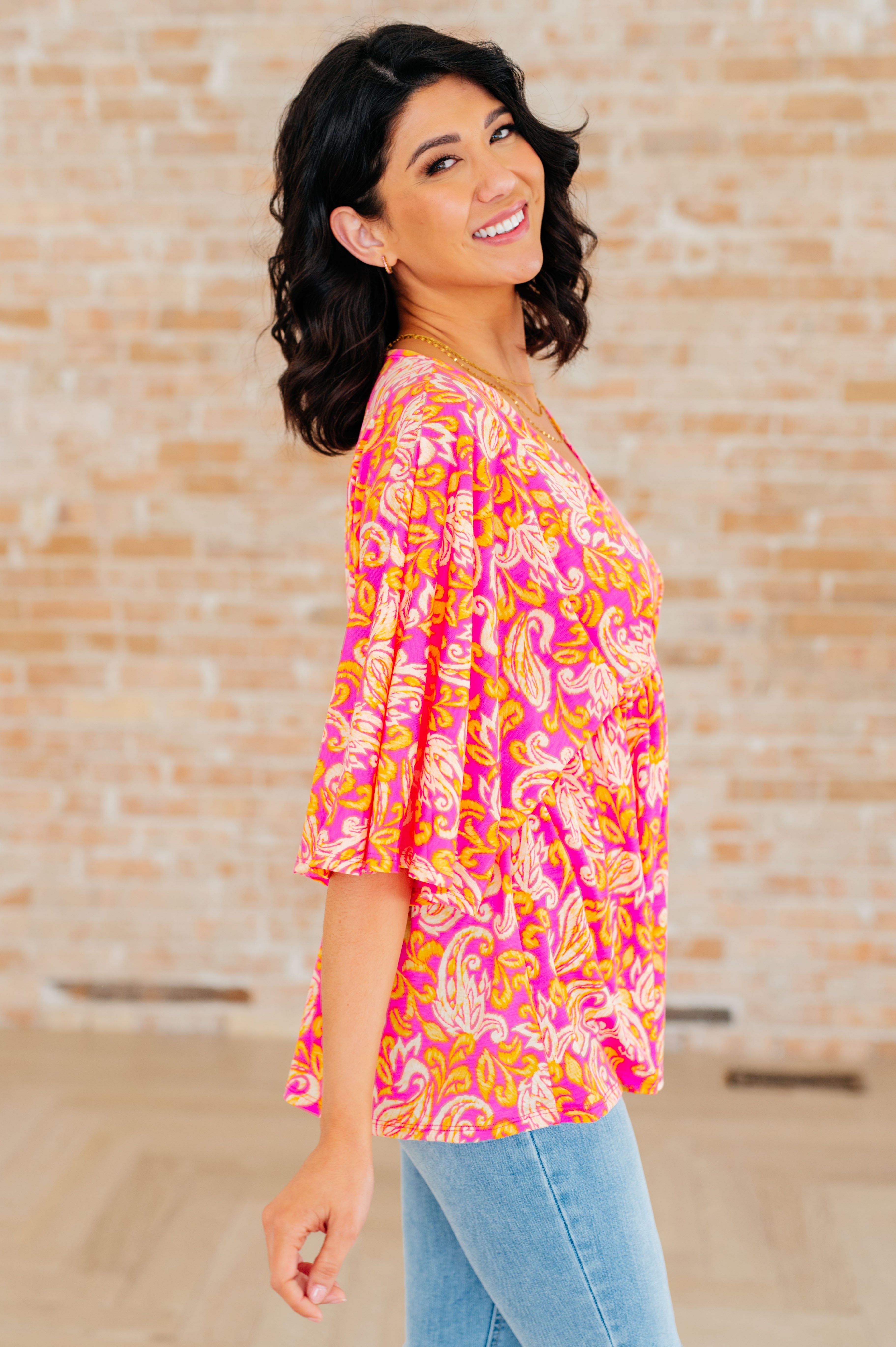 Dreamer Peplum Top in Pink Filigree - Charming Charlie