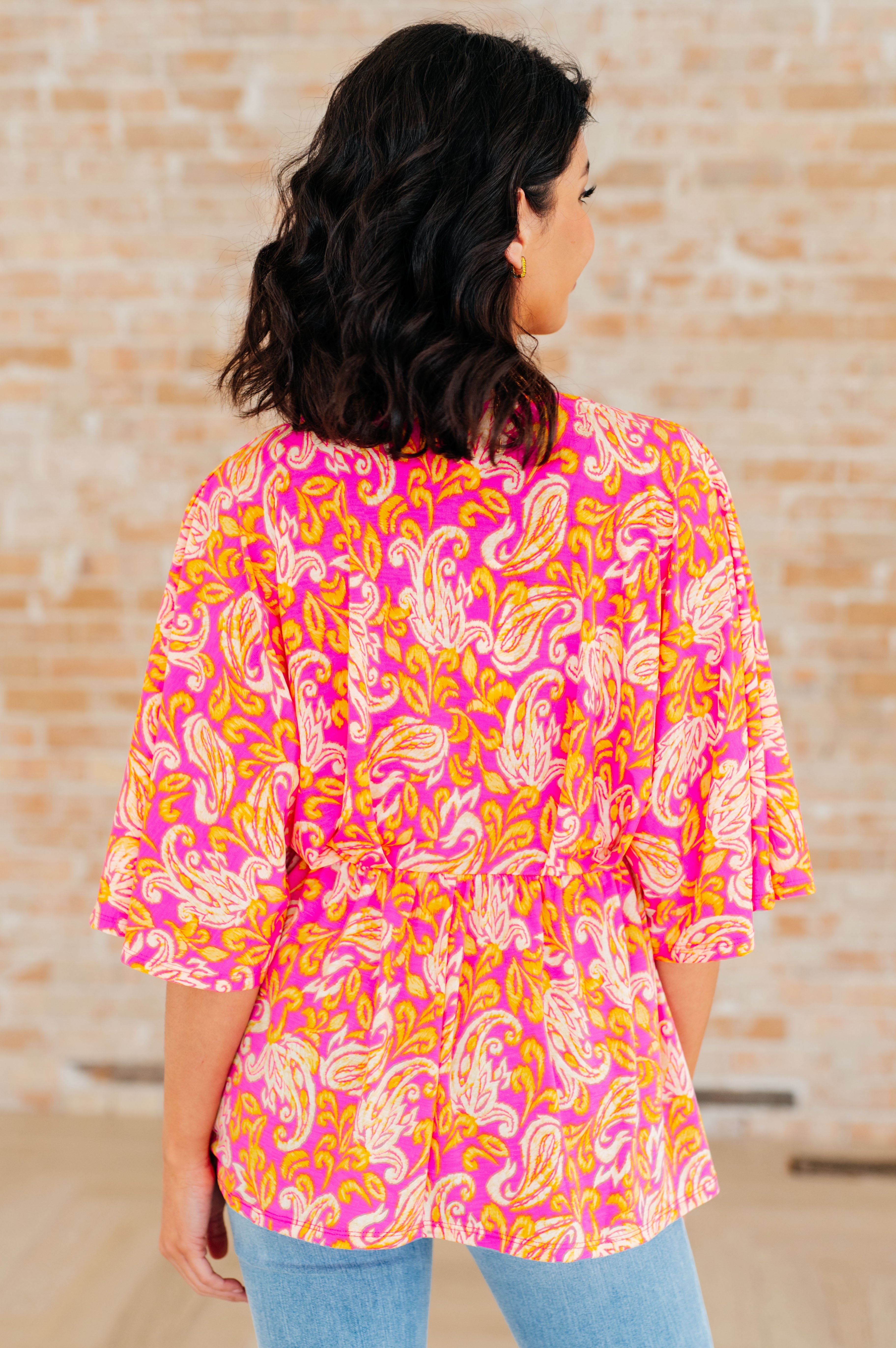 Dreamer Peplum Top in Pink Filigree - Charming Charlie