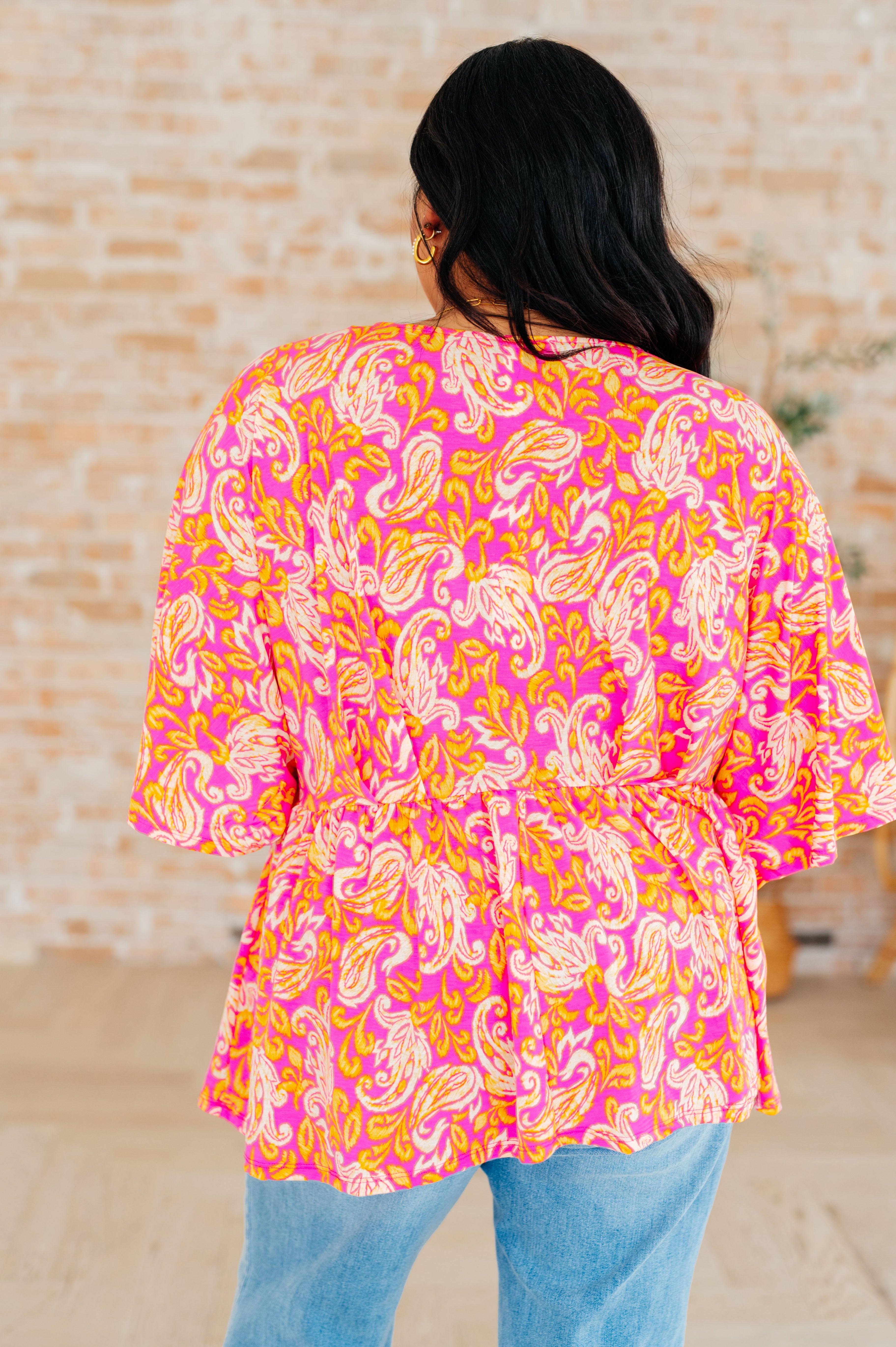 Dreamer Peplum Top in Pink Filigree - Charming Charlie