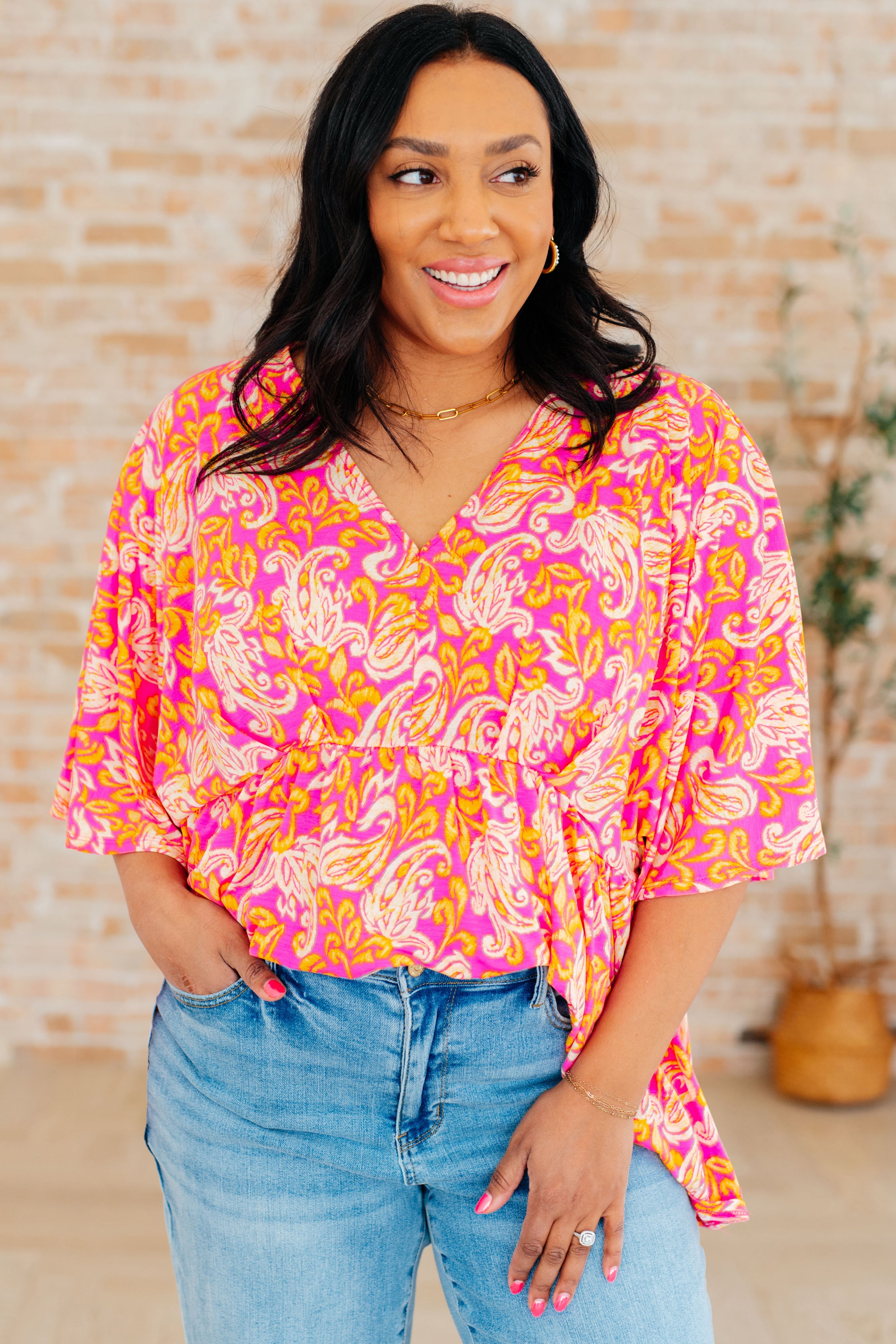 Dreamer Peplum Top in Pink Filigree - Charming Charlie